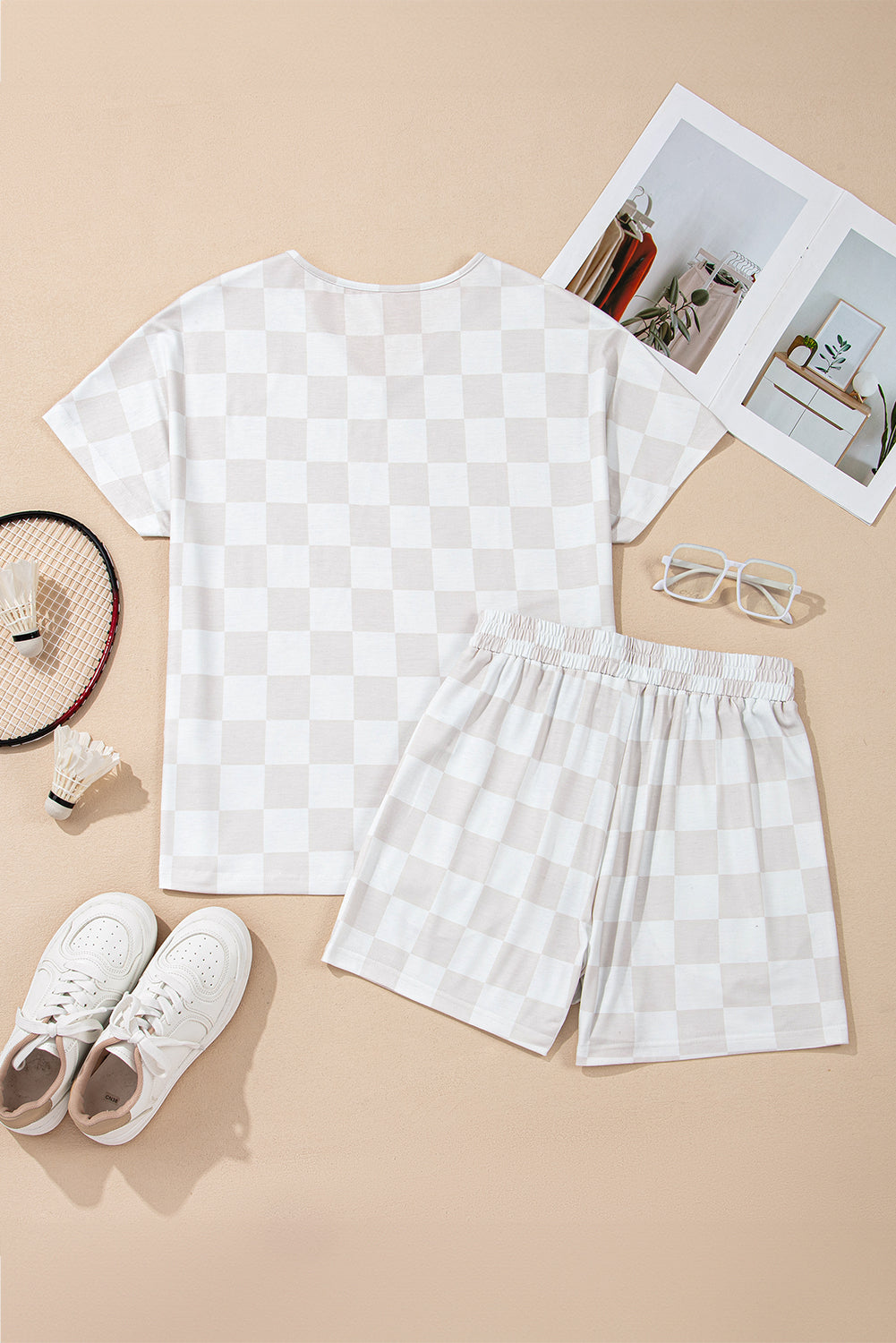 Beige Checkered V Neck Tee Drawstring Shorts Lounge Set eAura