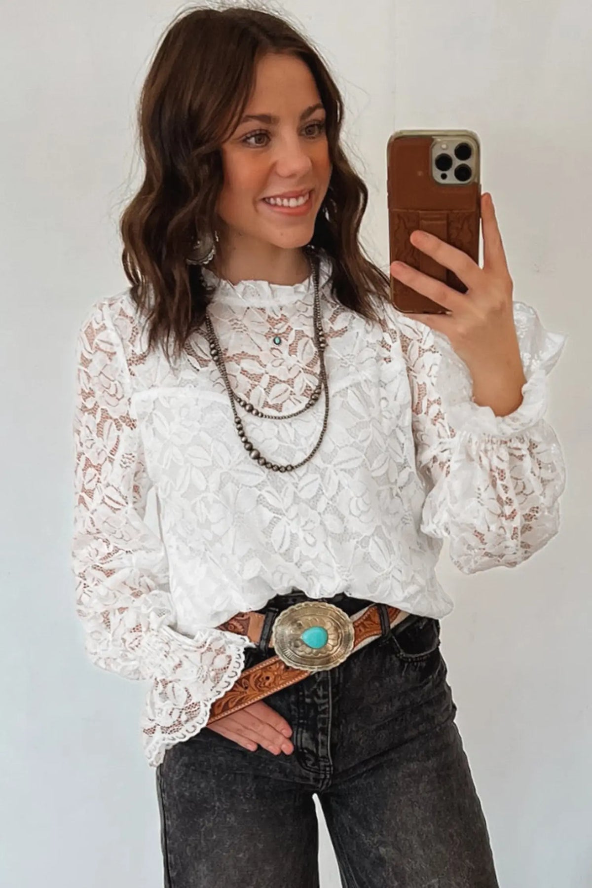 Ruffled Round Neck Long Flounce Sleeve Sheer Lace Blouse – White