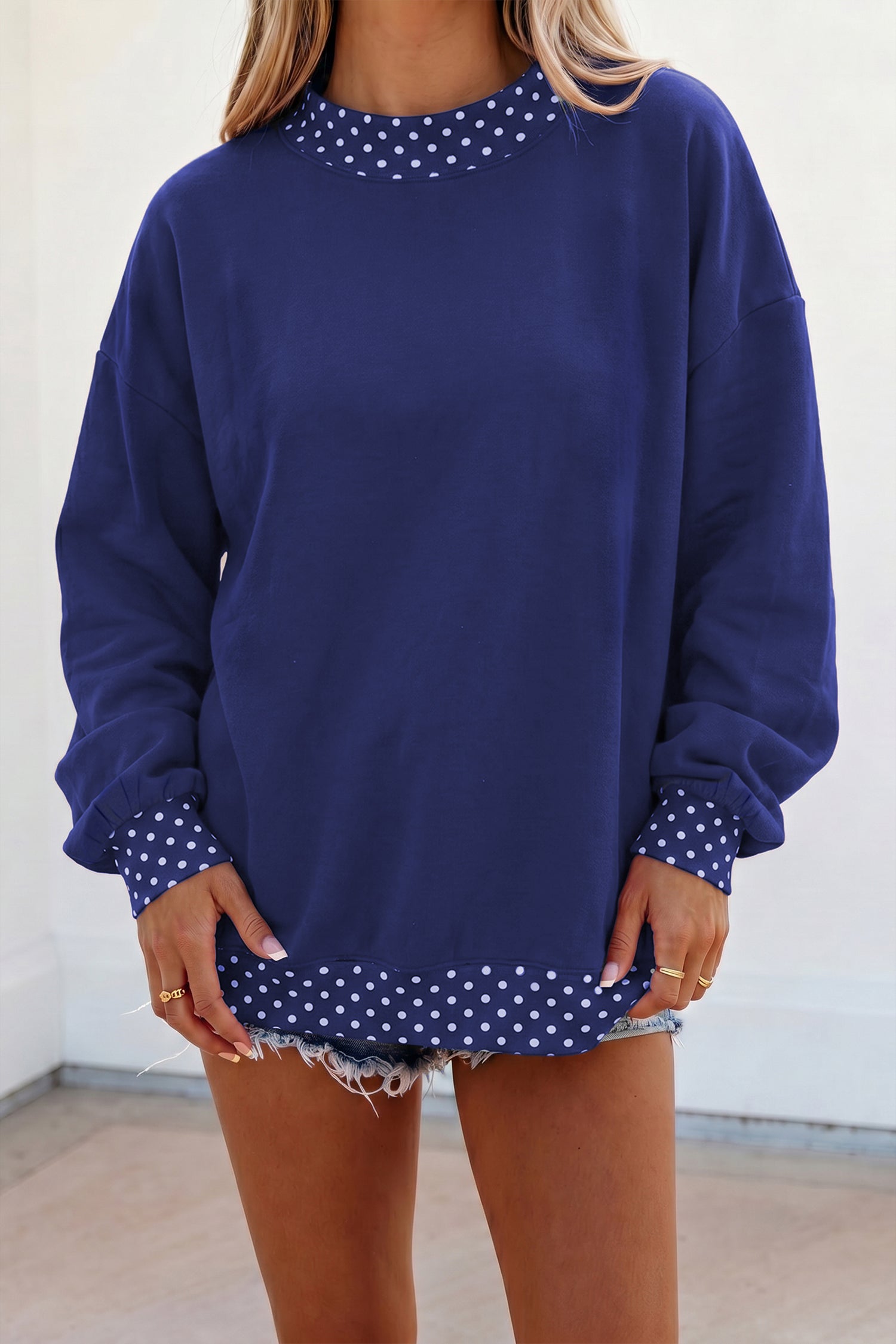 Colorblock Polka Dot Contrast Trim Oversized Sweatshirt – Red