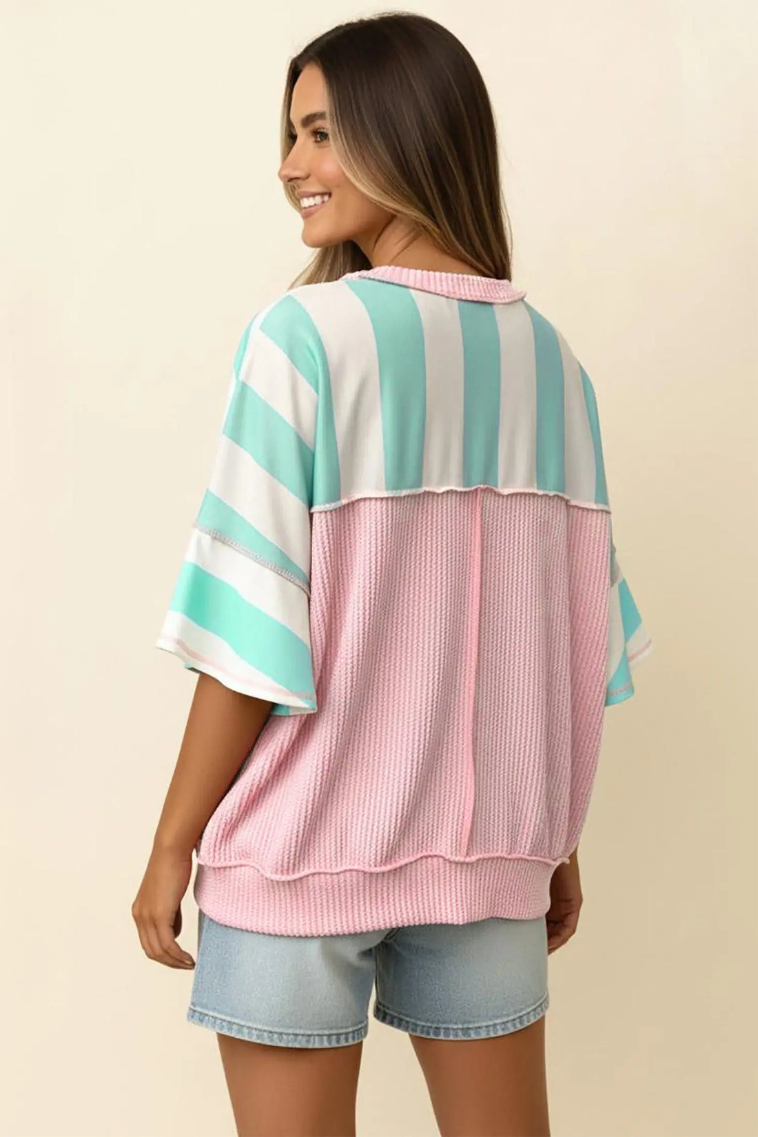 Green Stripe Exposed Seam Ribbed Patchwork Oversized Tee – Pink Stripe