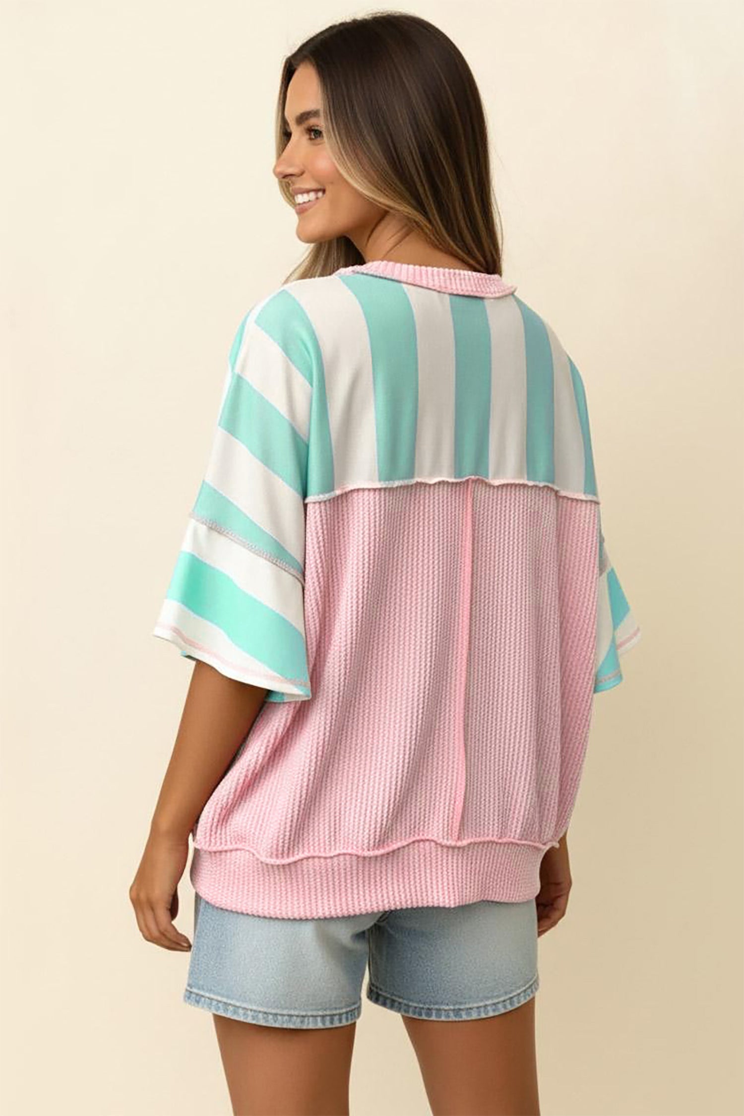 Green Stripe Exposed Seam Ribbed Patchwork Oversized Tee – Pink Stripe