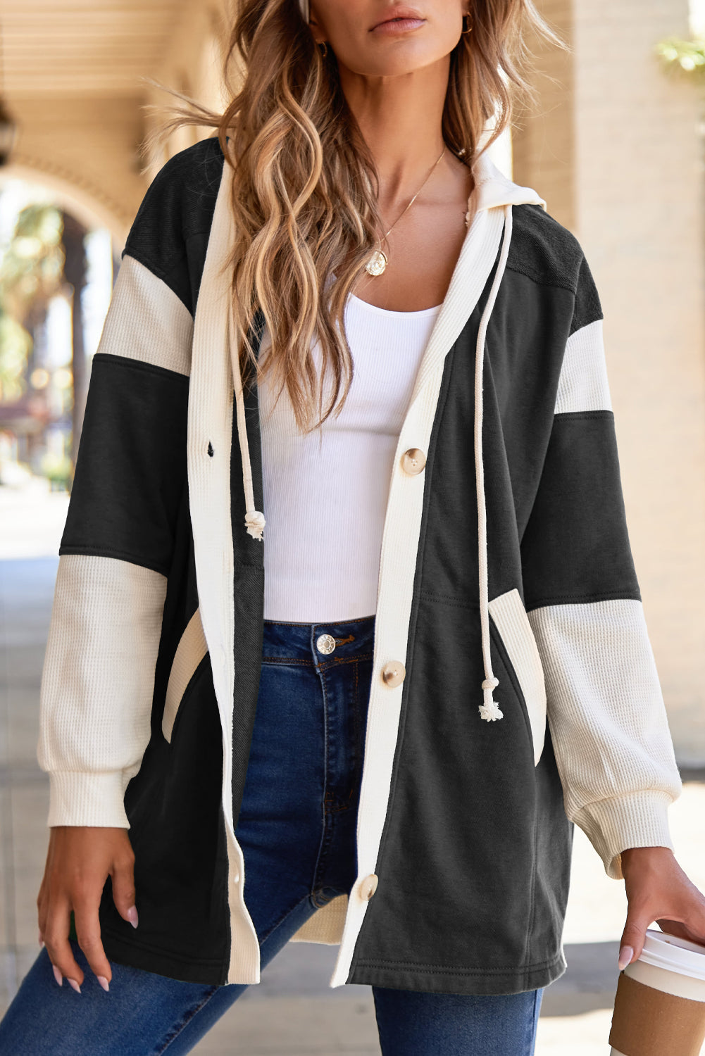 Waffle Button Front Oversized Hoodie - eAura