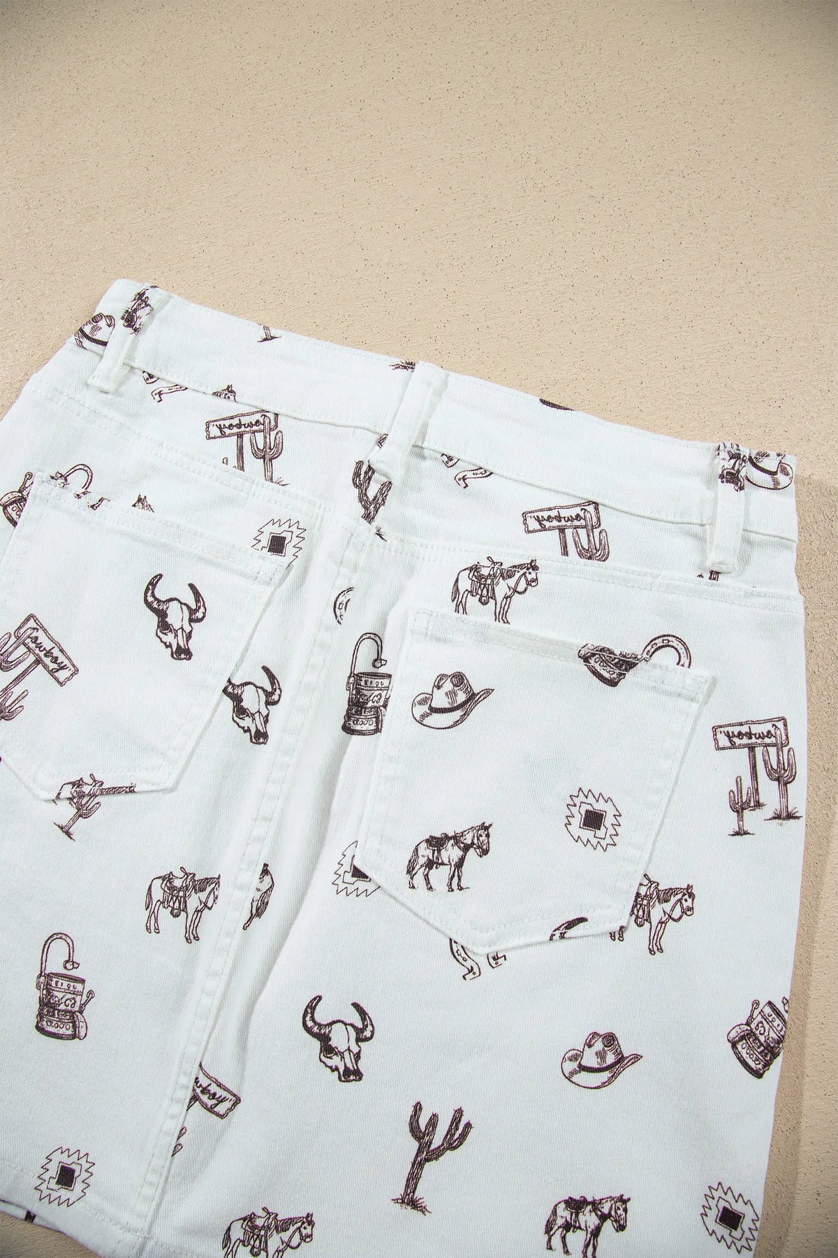 Western Print Cactus Horse Bull Denim Skirt – White