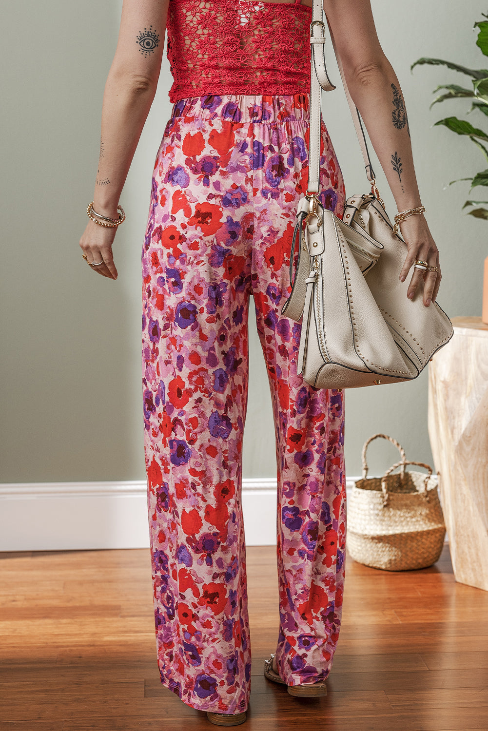 Purple Floral Wide Leg Elastic High Waist Trousers BB Fashion Outlet