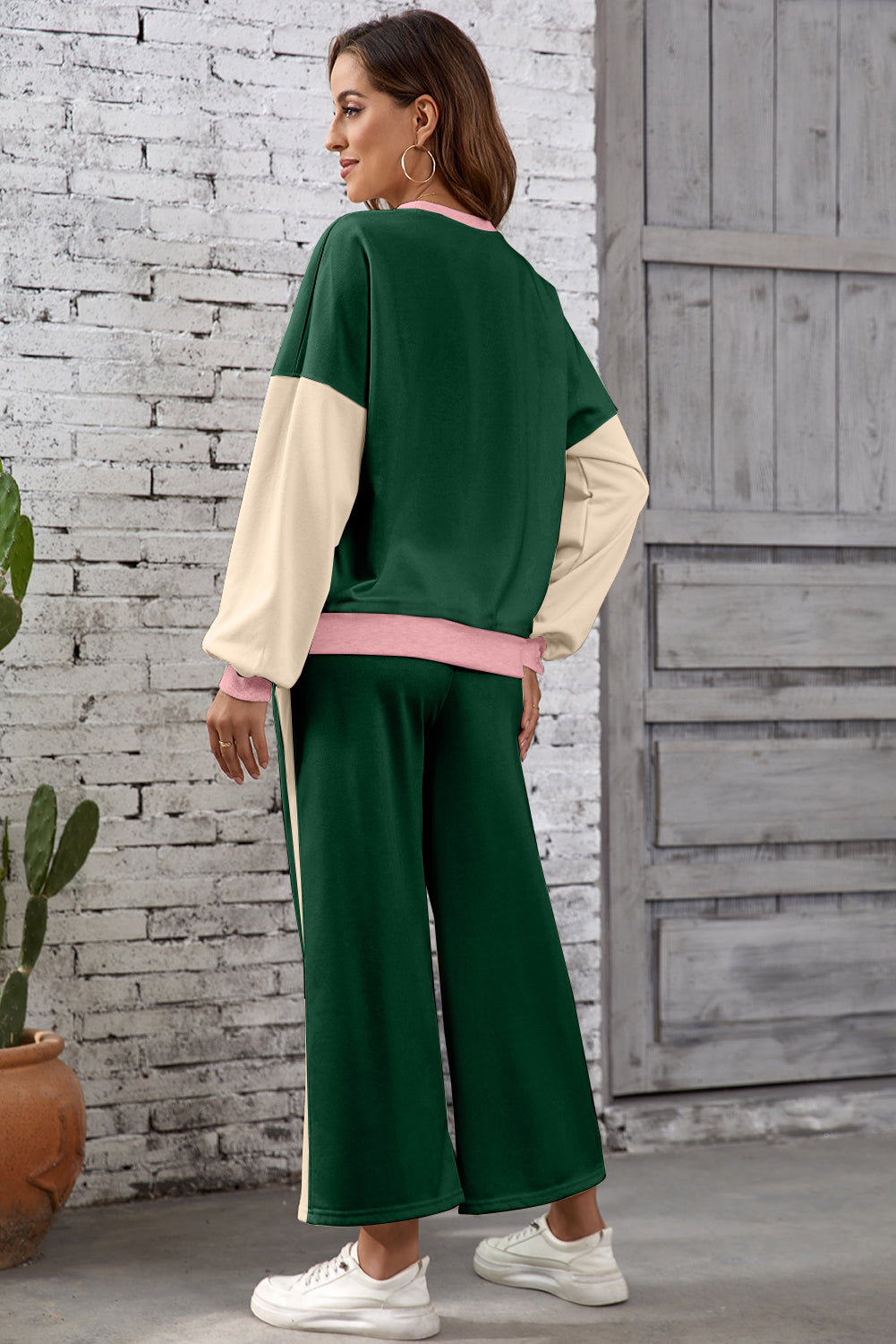 Chestnut 2pcs Color Block Pullover Loose Pant Set Dear-Lover Dropshipping