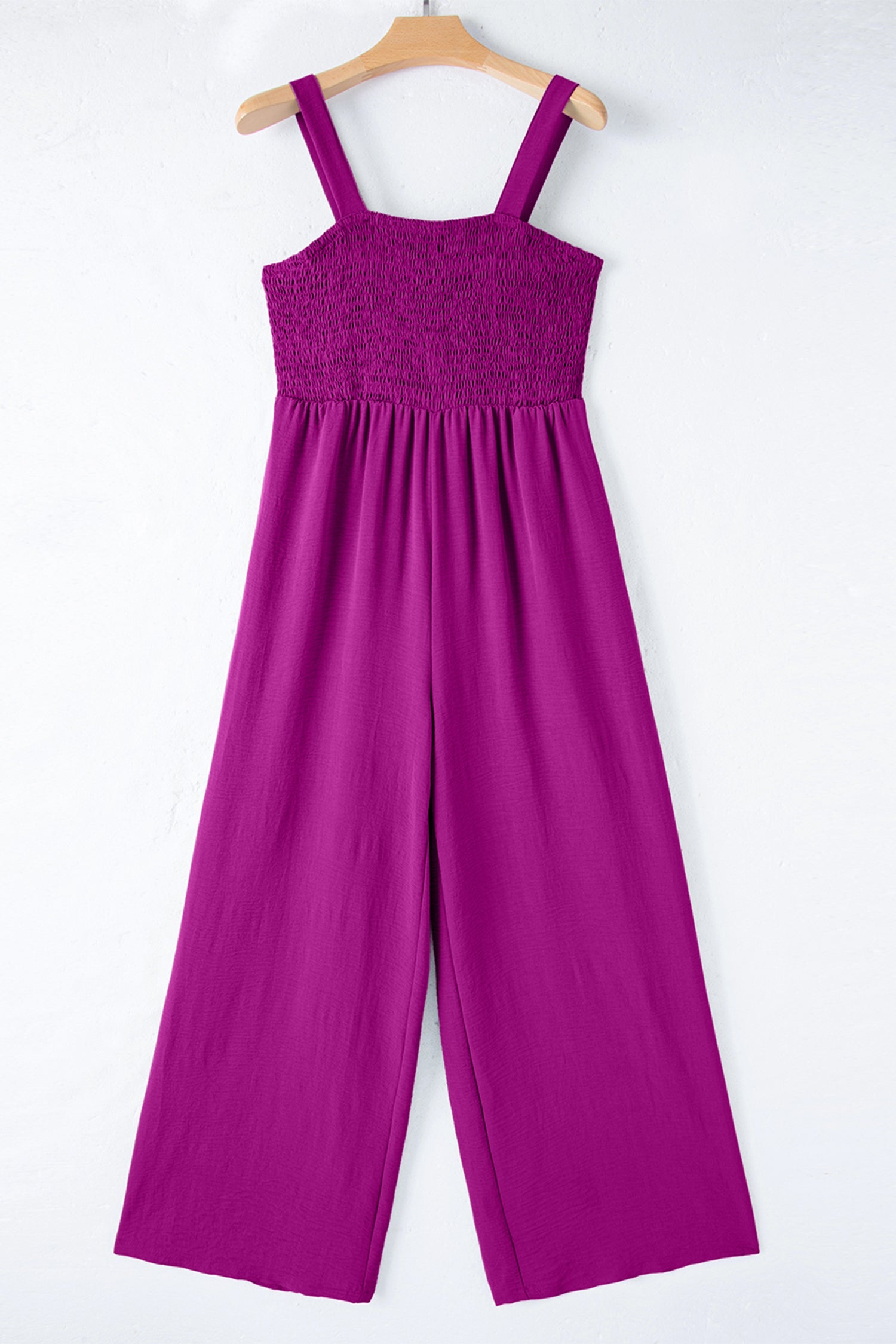 Smocked Square Neck Sleeveless Wide Leg Jumpsuit with Pockets – Purple