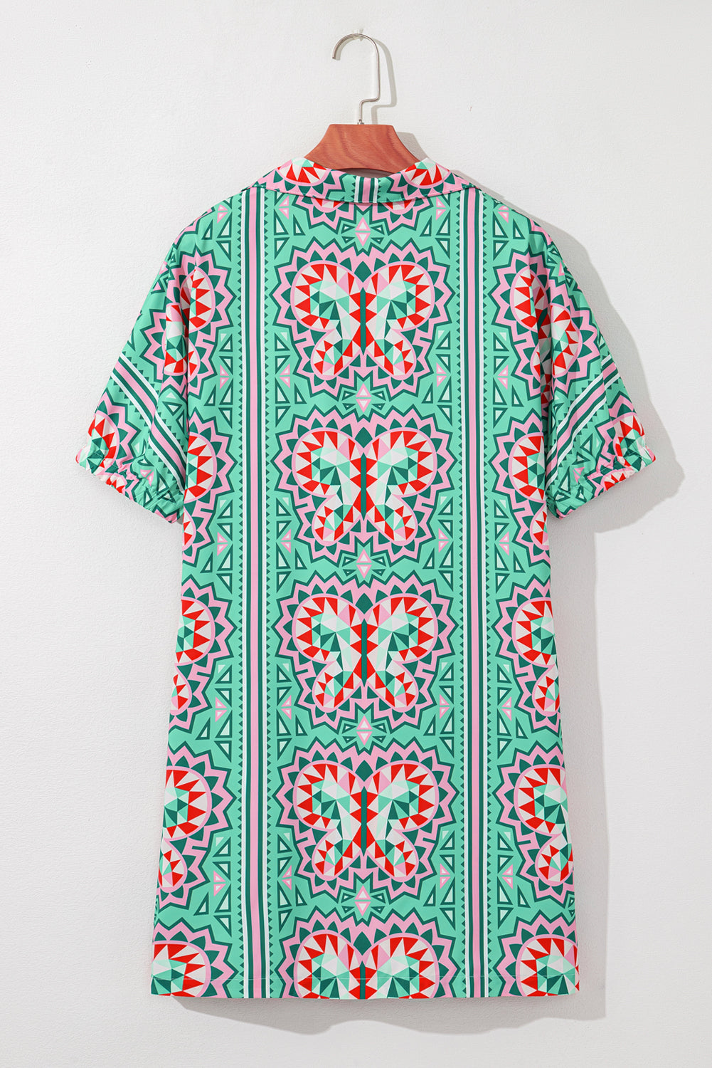 Mint Green Geometric Butterfly Print Split Neck Short Sleeve Dress eAura