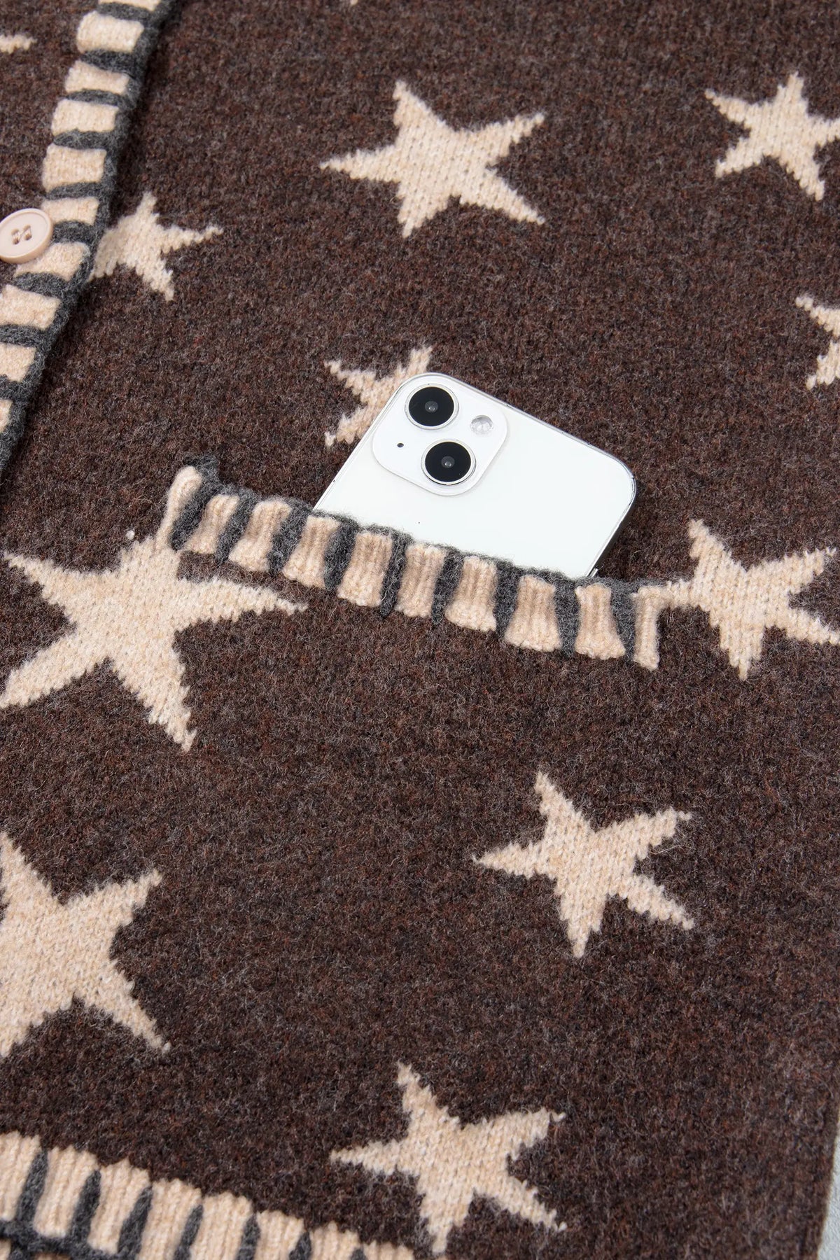 Stars Pattern Colourblock Long Sleeve Shift Cardigan – Brown