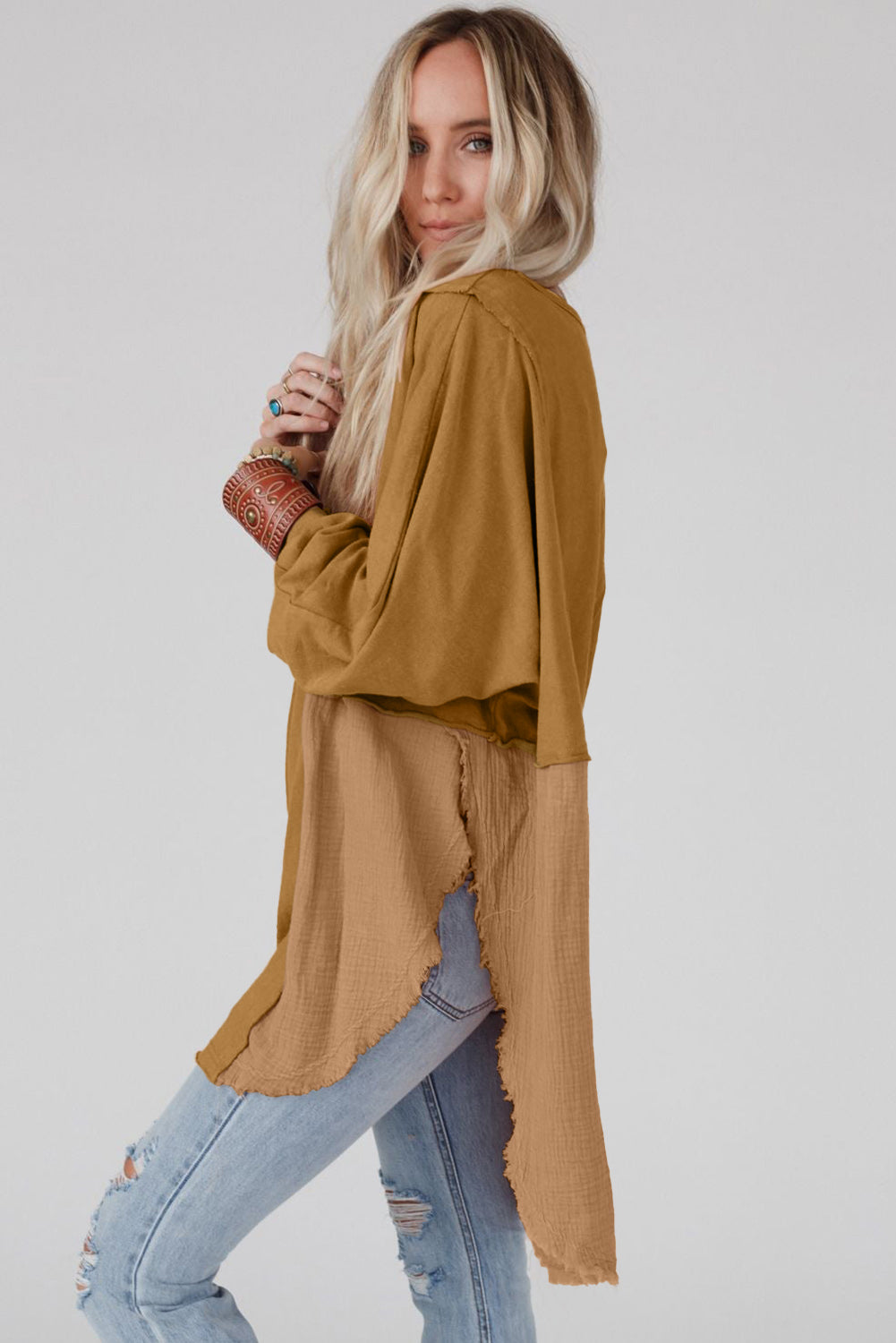 Camel Crinkle Splicing Raw Hem High Low Oversized Blouse eAura