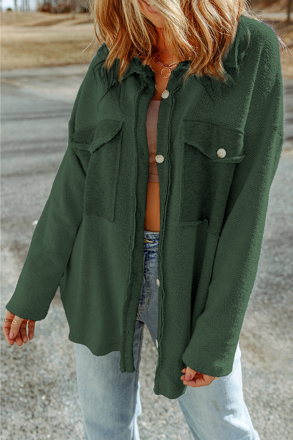 Grey Contrast Flap Pockets Relaxed Shacket Beagle Boutique Fashion Outlet