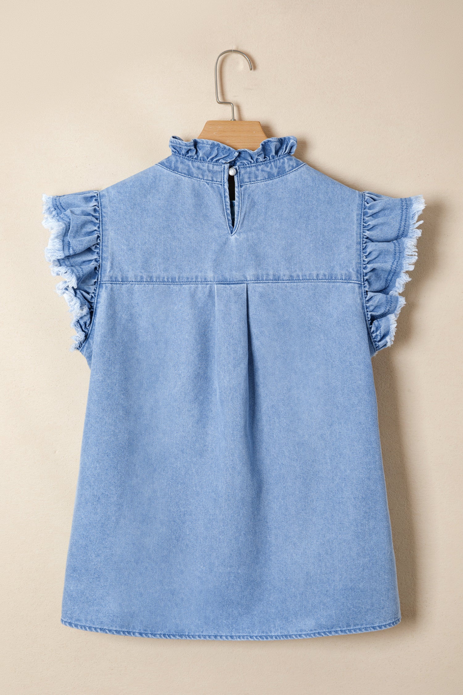 Frilled Collar Flutter Sleeve Denim Top – White