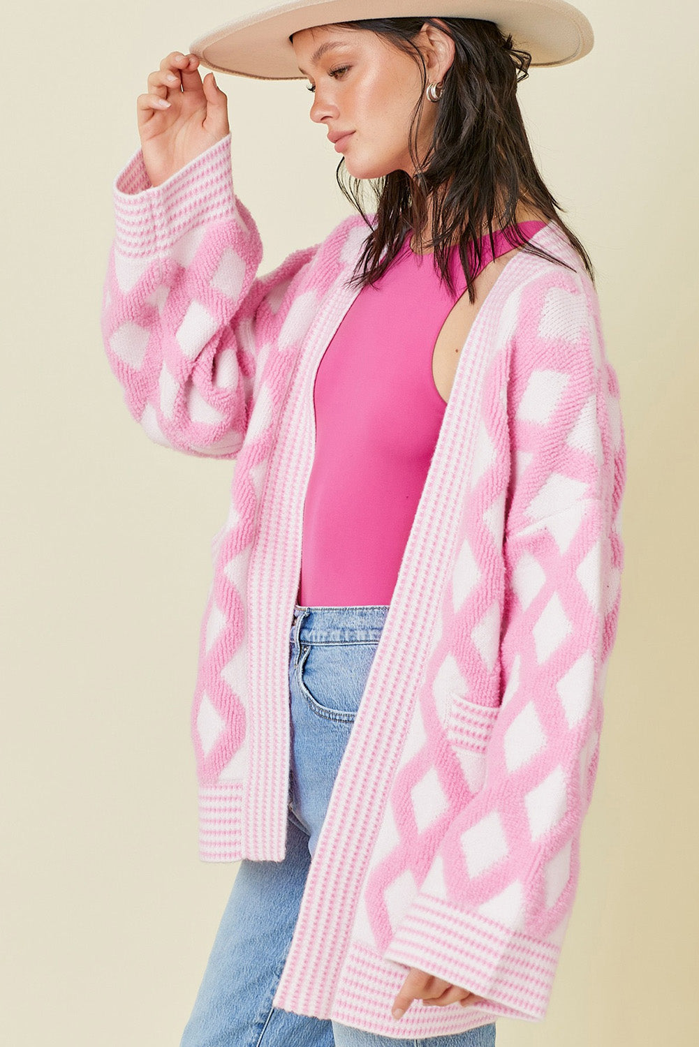 Pink Rhombus Pattern Knit Open Front Pocketed Cardigans BB Fashion Outlet
