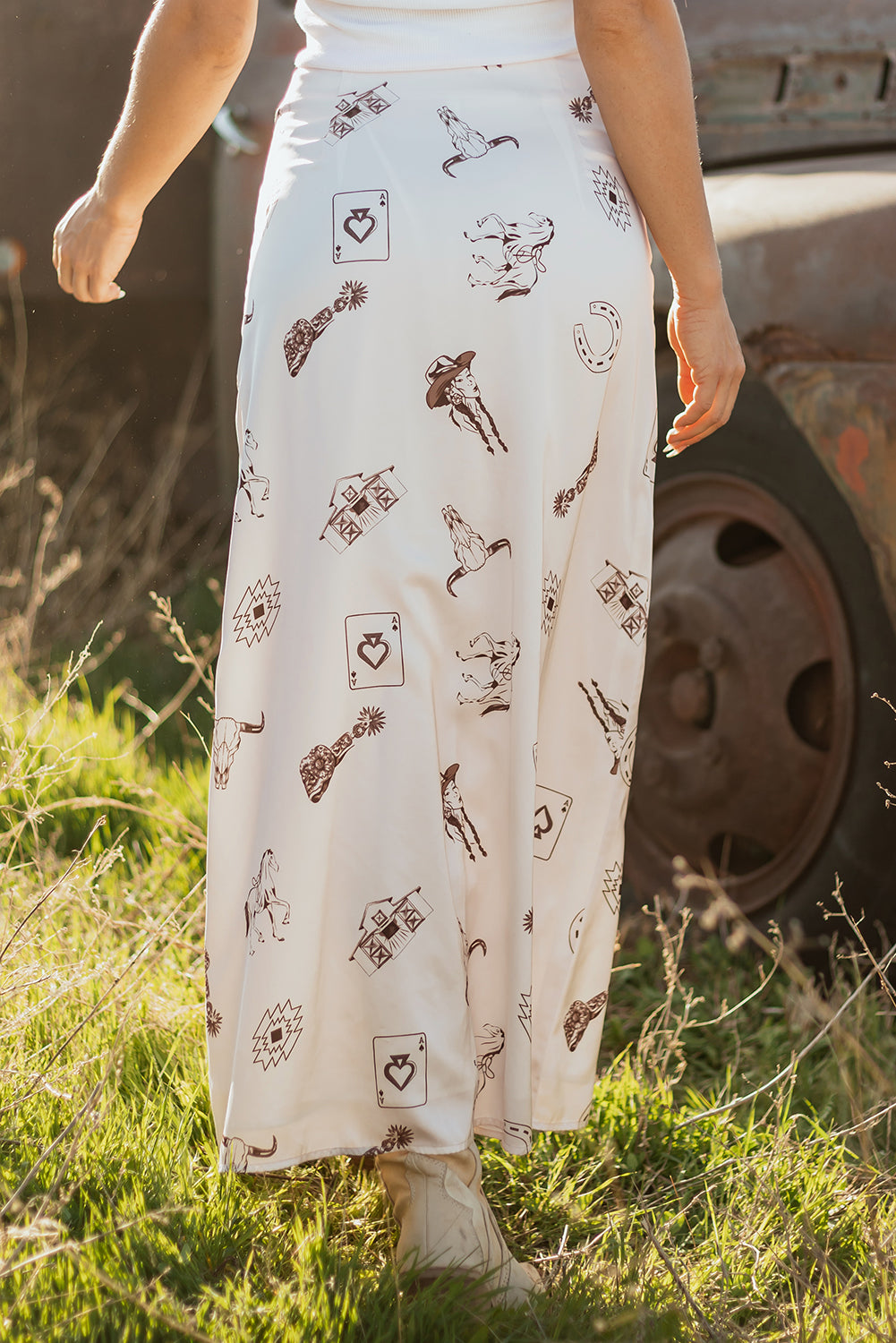 Western Print Satin Long Skirt – White