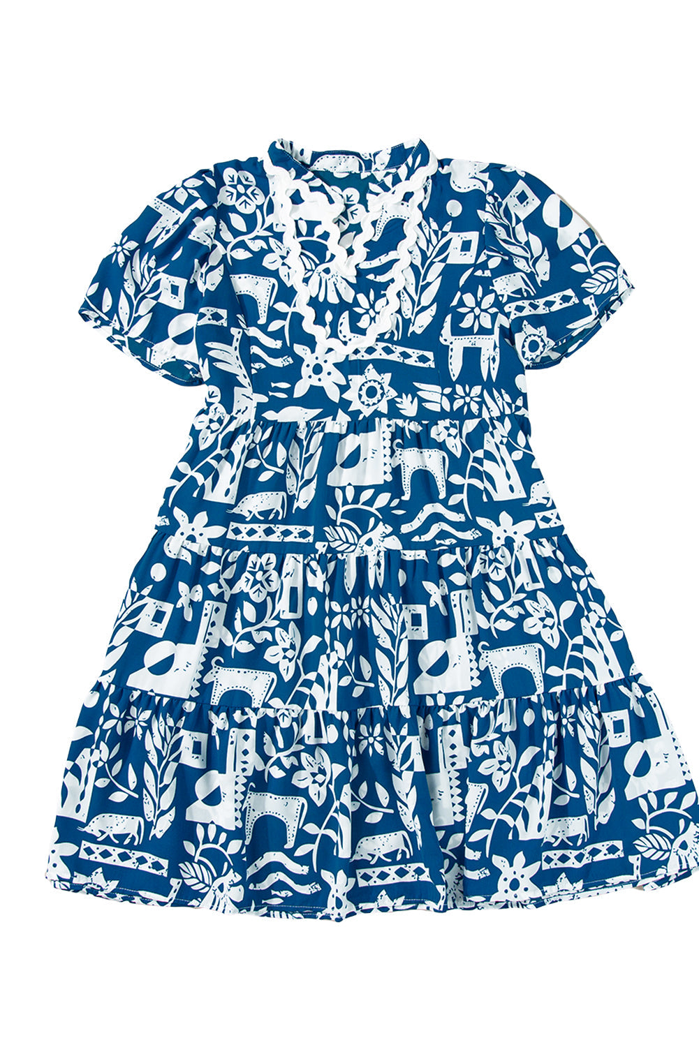 Blue Ricrac Trim Split Neck Floral Loose Dress eAura