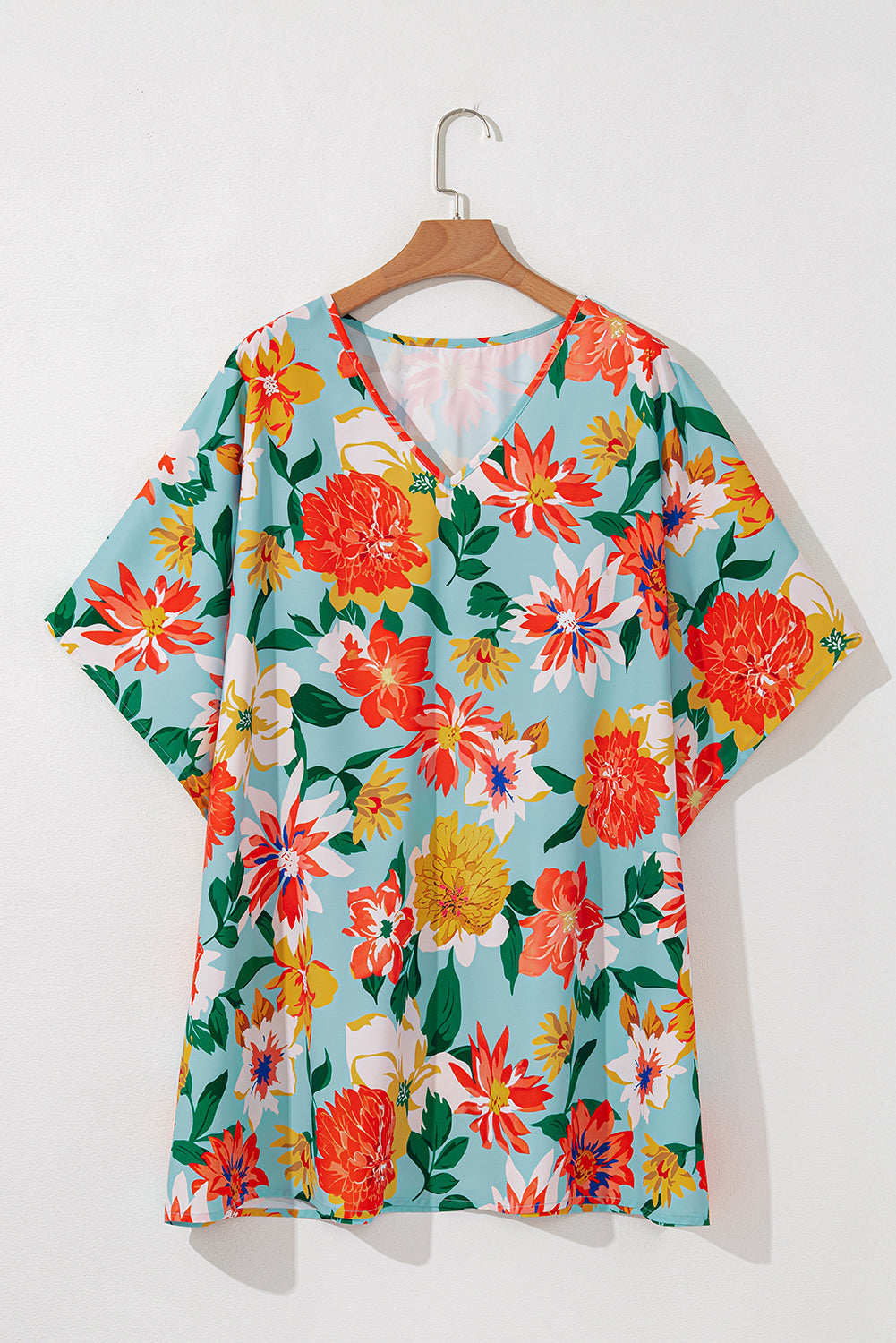 Sky Blue Plus Size Floral Print V Neck Batwing Sleeve Blouse BB Fashion Outlet