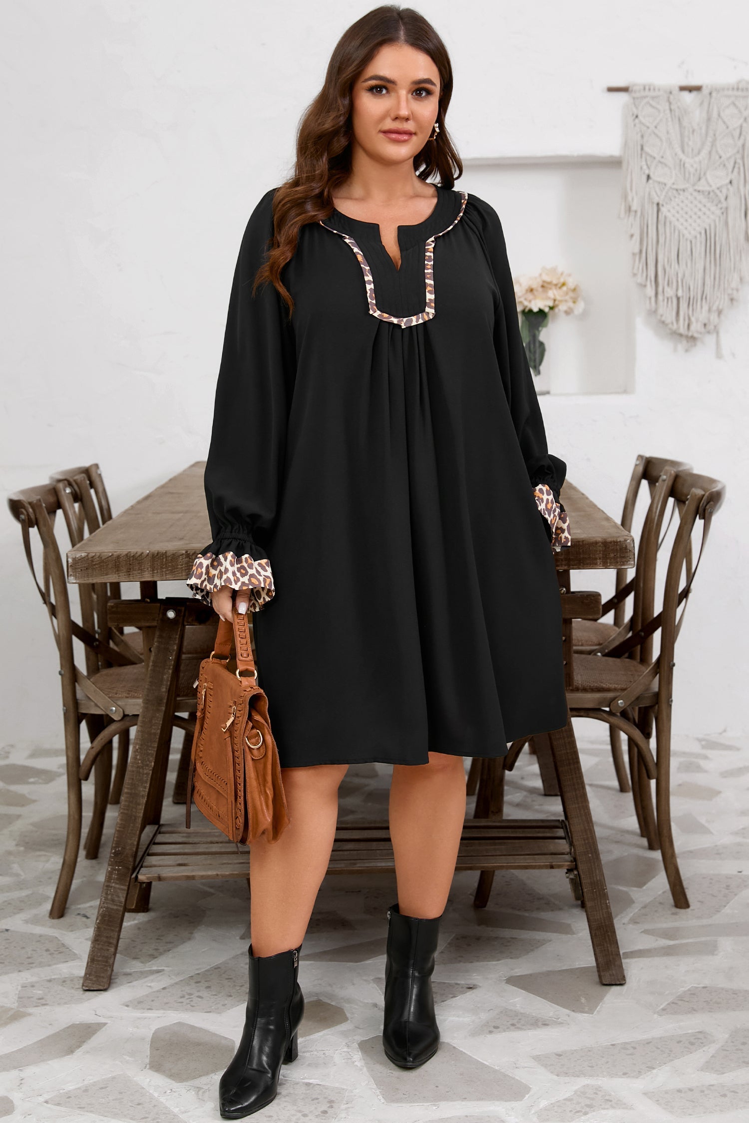 Black Plus Size Notched Neck Leopard Trim Flounce Long Sleeve Shift Dress - eAura