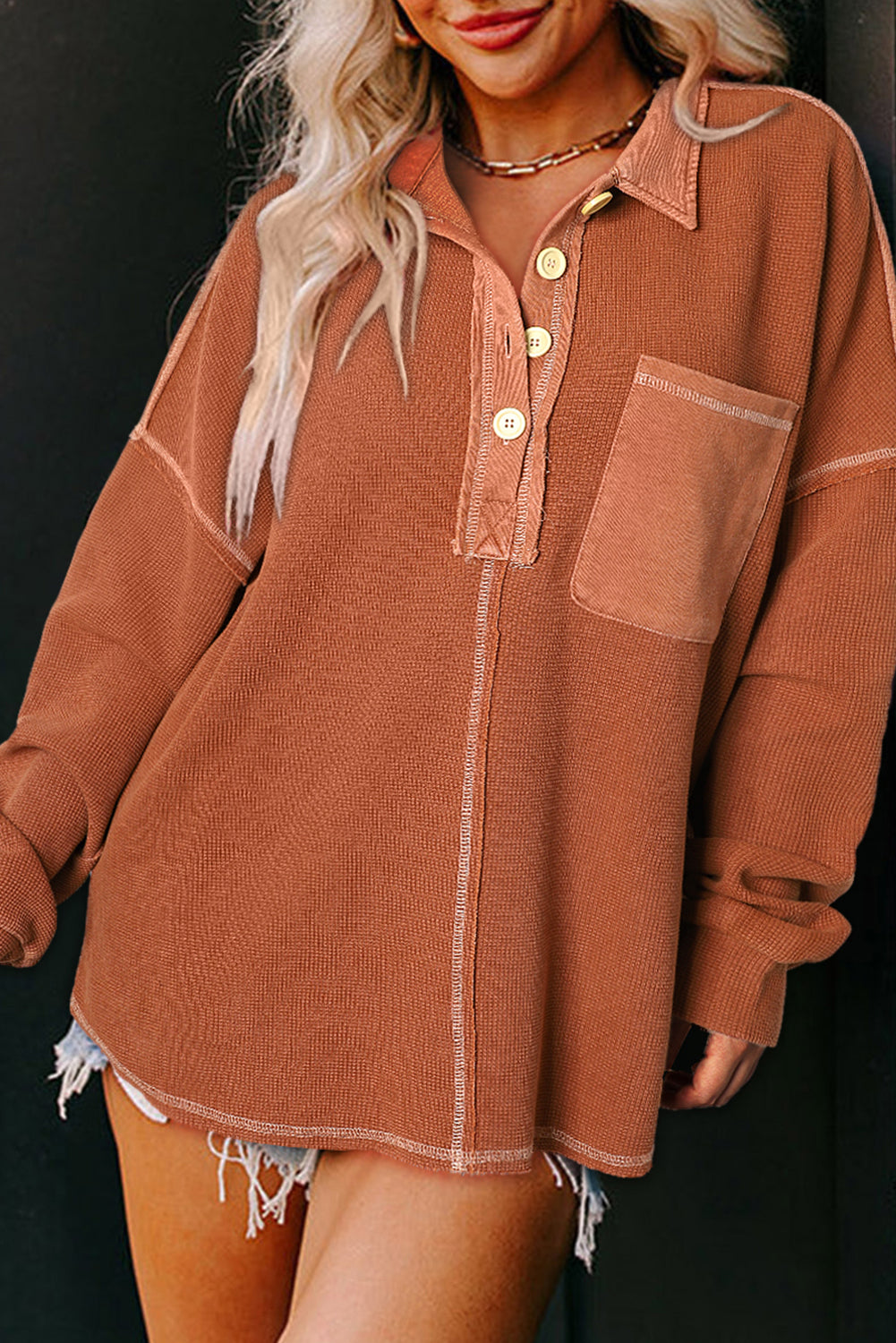 Chestnut Waffle Exposed Seam Pocket Henley Sweatshirt eAura
