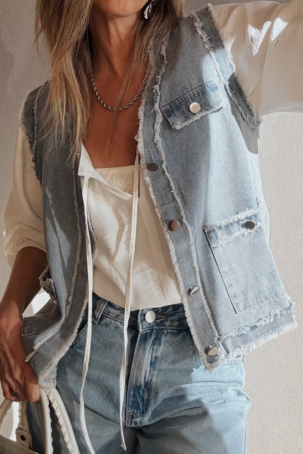 Frayed Edge Flap Pockets Denim Vest Jacket - eAura