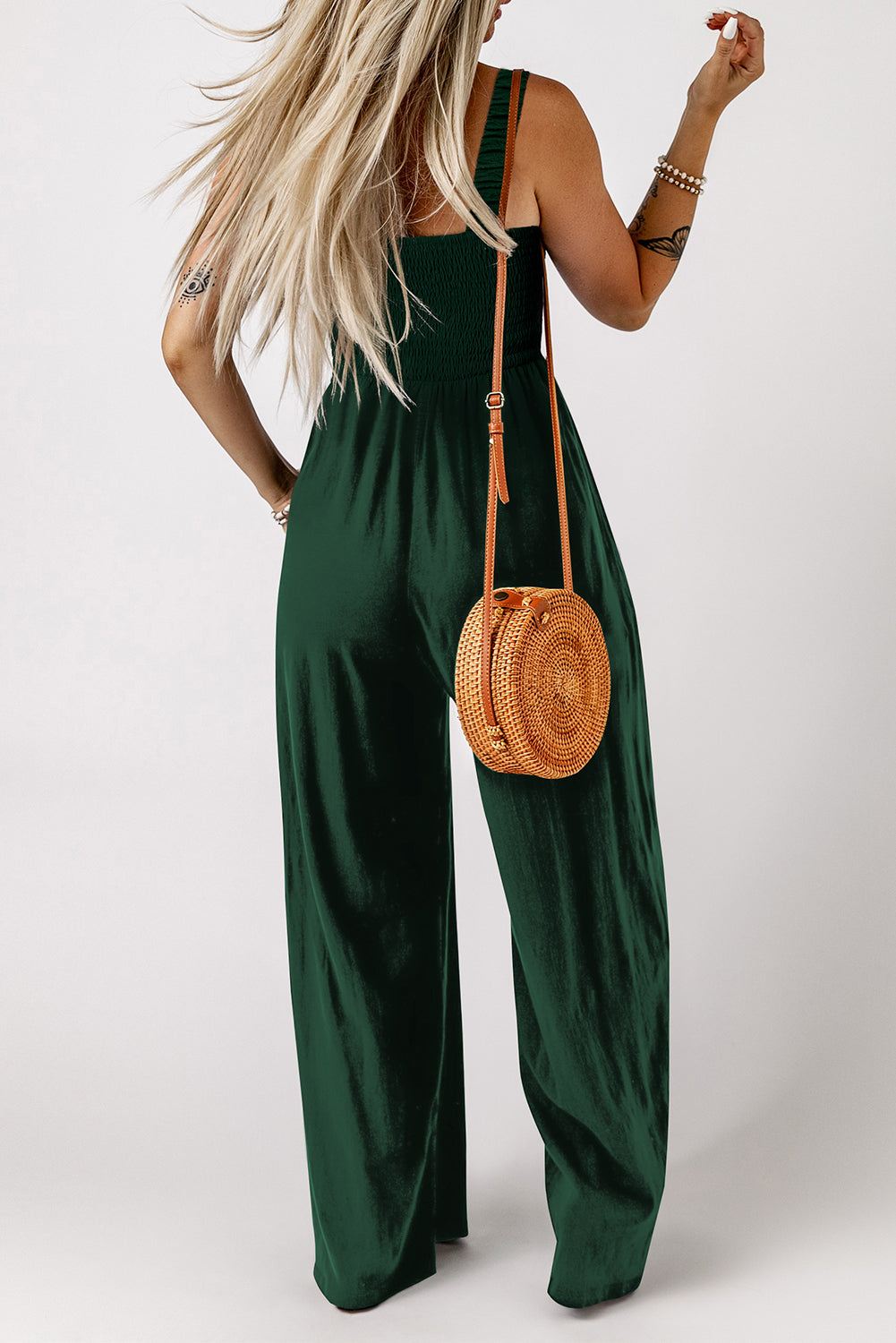 Green Smocked Sleeveless Wide Leg Jumpsuit with Pockets eAura