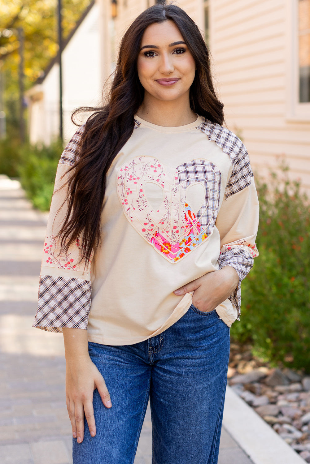 Clearly Aqua Plaid Floral Peace Heart Graphic Wide Long Sleeve Top Beagle Boutique Fashion Outlet