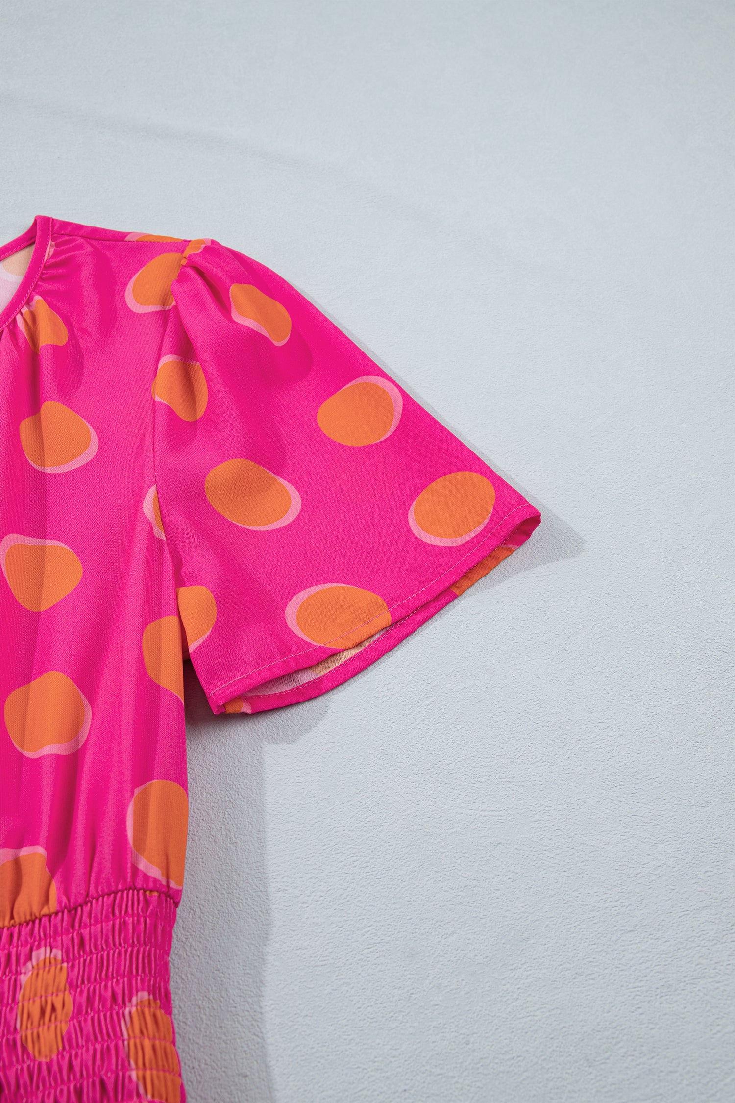 Rose Polka Dot Short Sleeve Shirred High Waist Midi Dress
