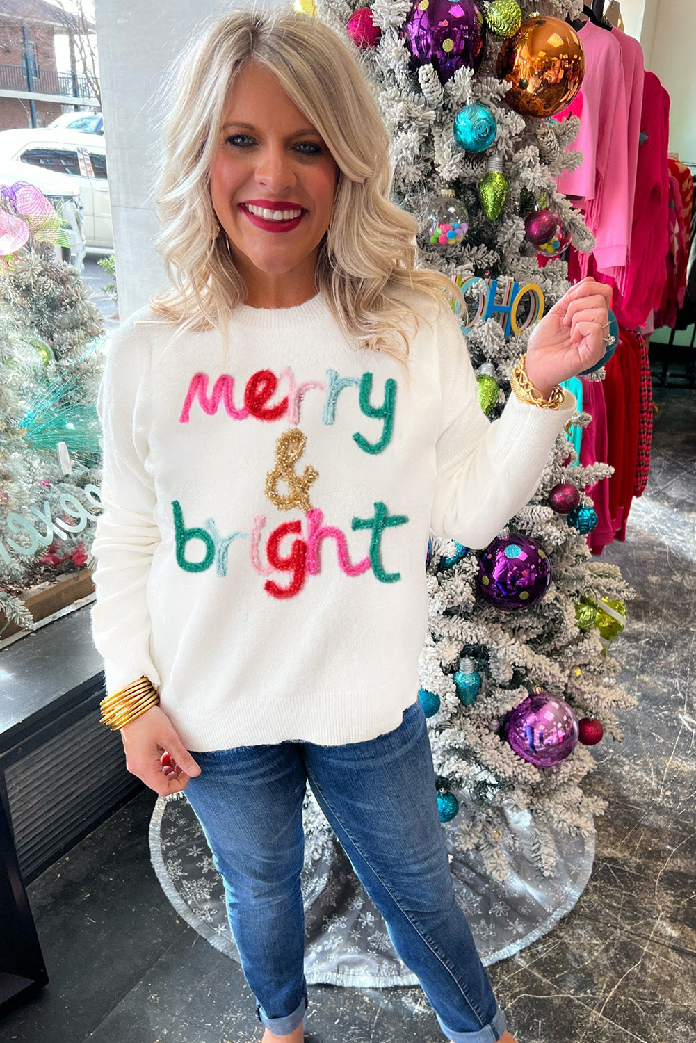 White XOXO Glitter Print Round Neck Casual Sweater eAura