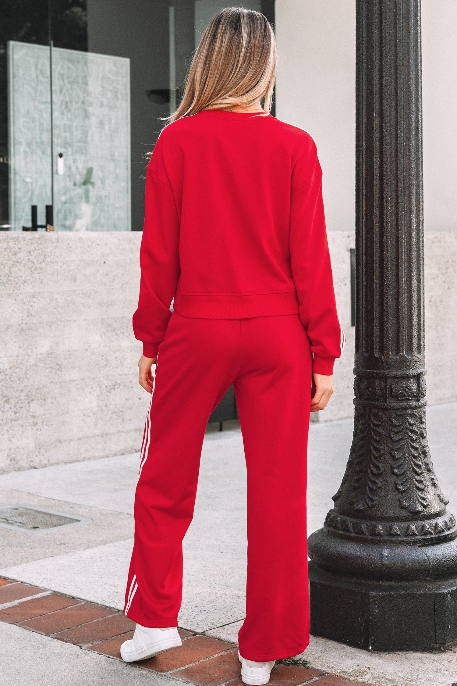 Varsity Striped Detail Crewneck Pullover Elastic Sweatpants 2pcs Co-ord - Two Piece Sets/Pant Sets