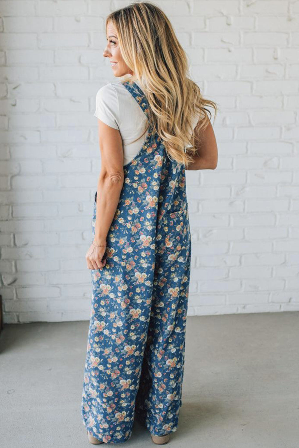 Blue Vintage Rose Printed Pleated Loose Denim Jumpsuit Dungarees