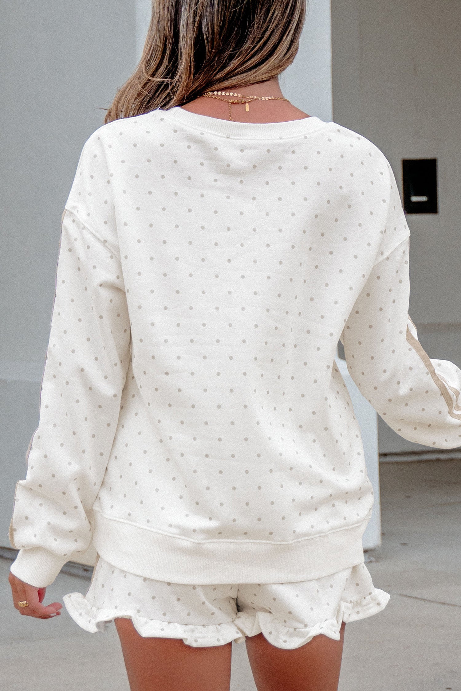 Polka Dot Print Side Stripe Detail Casual Sweatshirt 2pcs Short Set – White