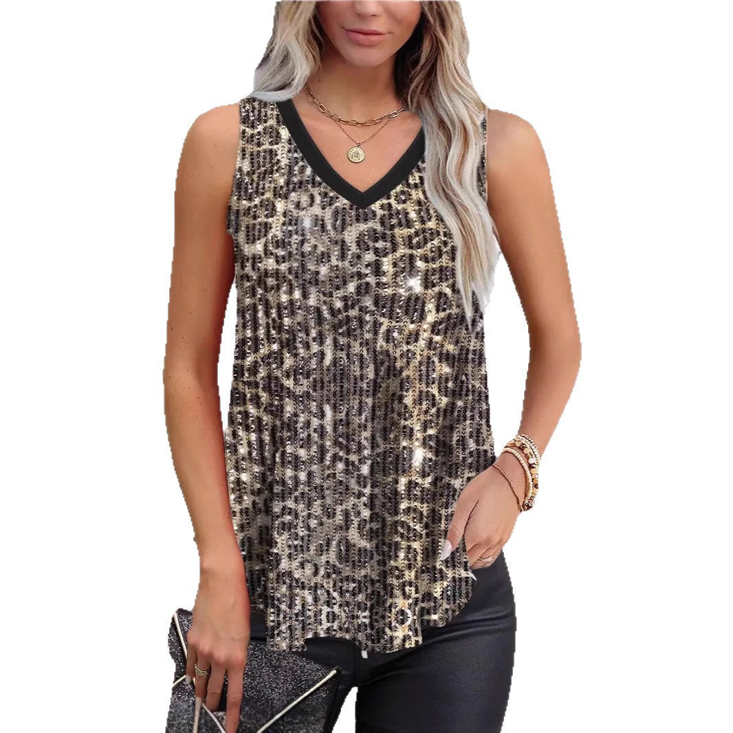 Sequinned Sleeveless Top Leopard Print eprolo