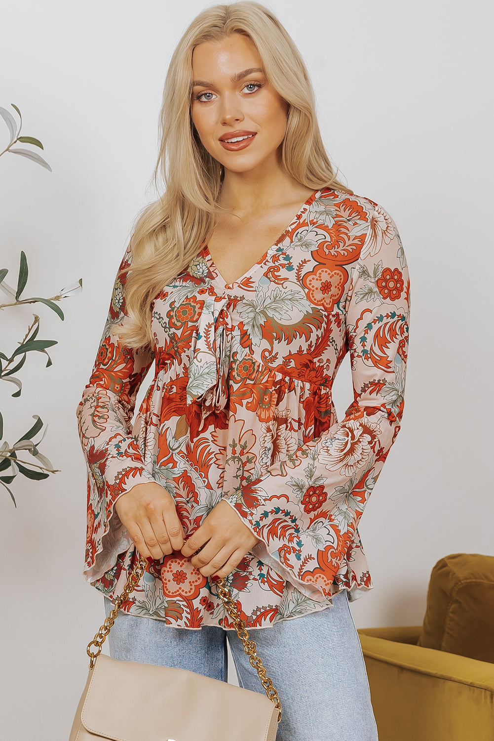 Orange Floral Print Deep V Neck Knot Bell Sleeve Blouse eAura