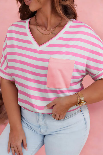 Plus Size Stripe Colourblock Patched Pocket V-Neck Tee