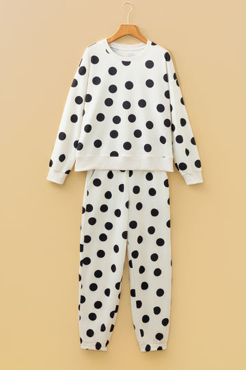 Polka Dot Print Drop Shoulder Pullover Drawstring Jogger Pant Co-ord Set