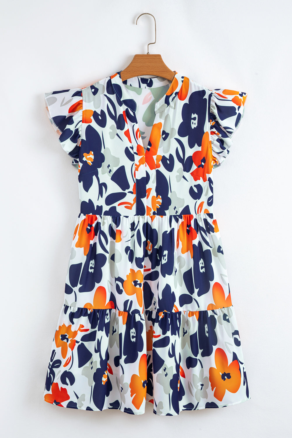 Floral Print Notched Neck Flutter Sleeve Mini Dress eAura