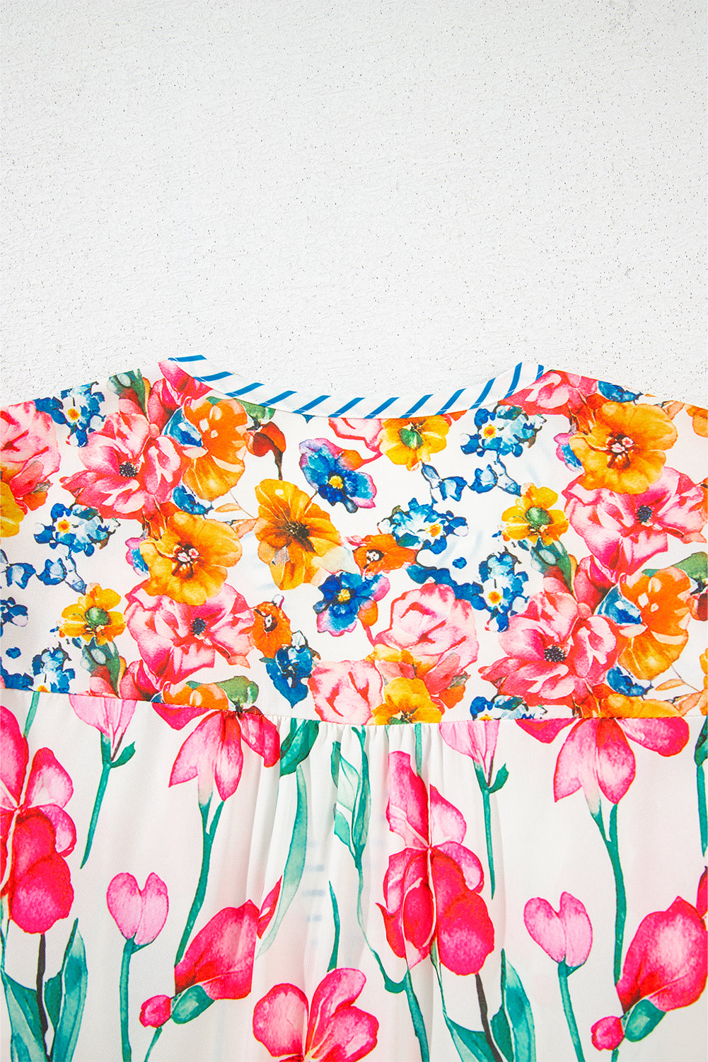 Pink Floral Print Striped Detail Split Neck Short Sleeve Blouse eAura