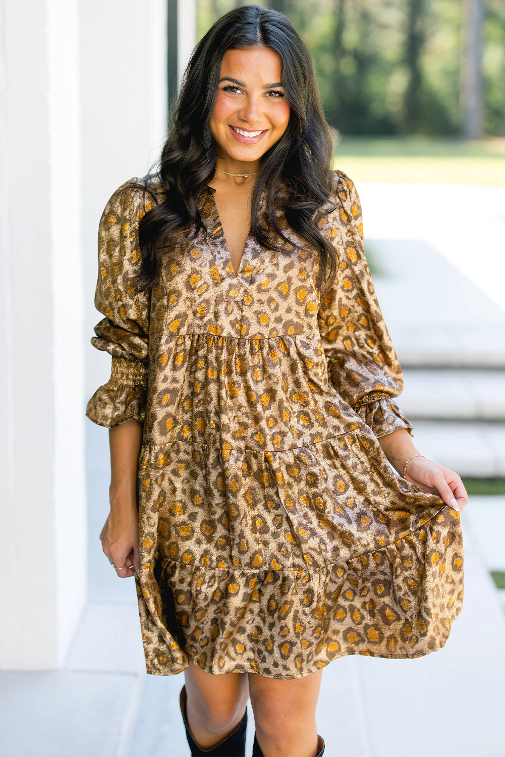 Leopard Print V-Neck Ruffled Sleeve Tiered Loose Mini Dress - eAura