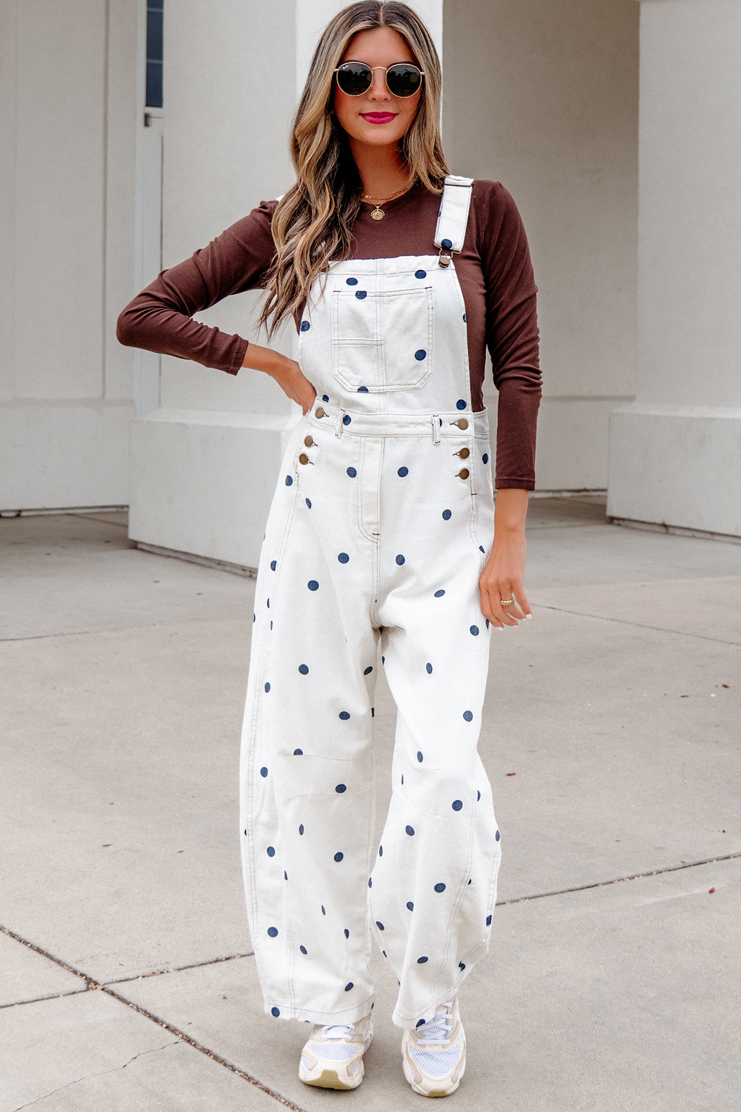 Polka Dot Print Bib Pocket Denim Barrel Overalls