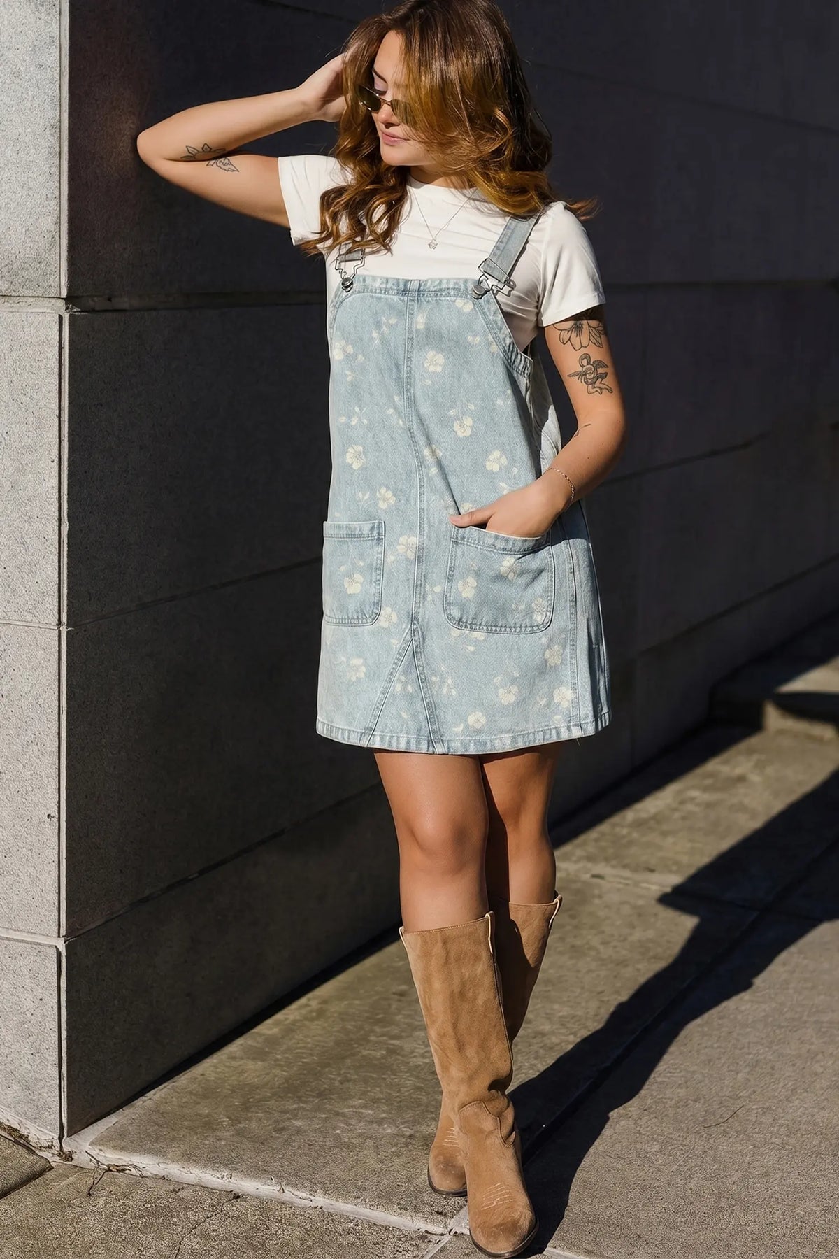Sky Blue Retro Wash Denim Floral Print Overall Mini Dress – Light Blue