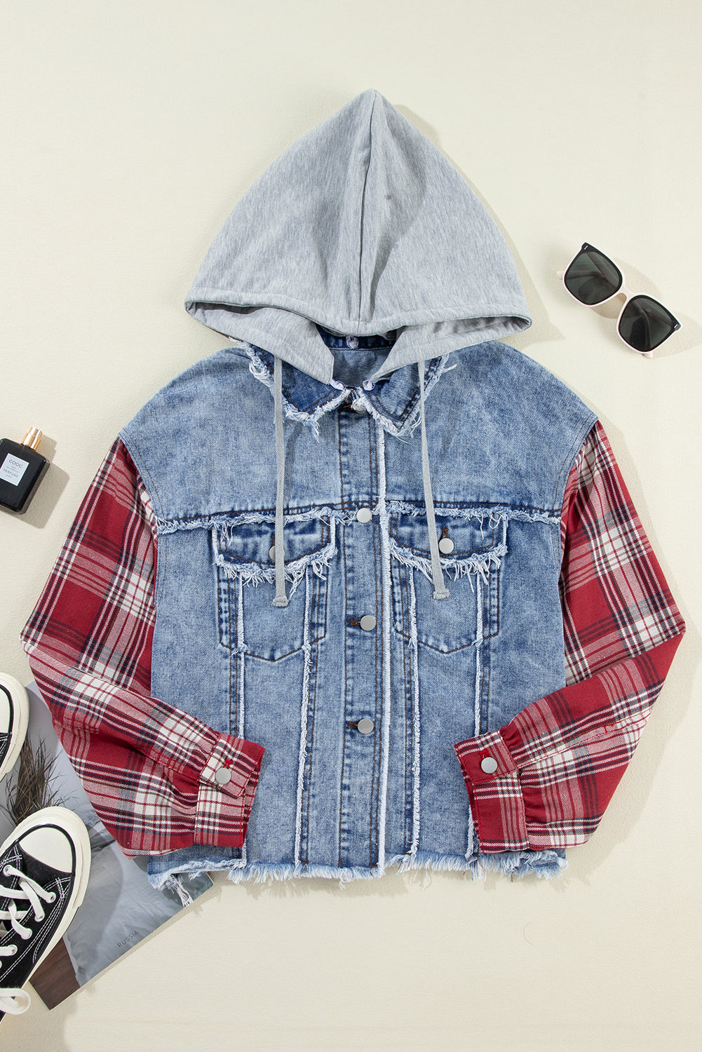 Beau Blue Plaid Print Patchwork Hooded Raw Hem Denim Jacket Beagle Boutique Fashion Outlet