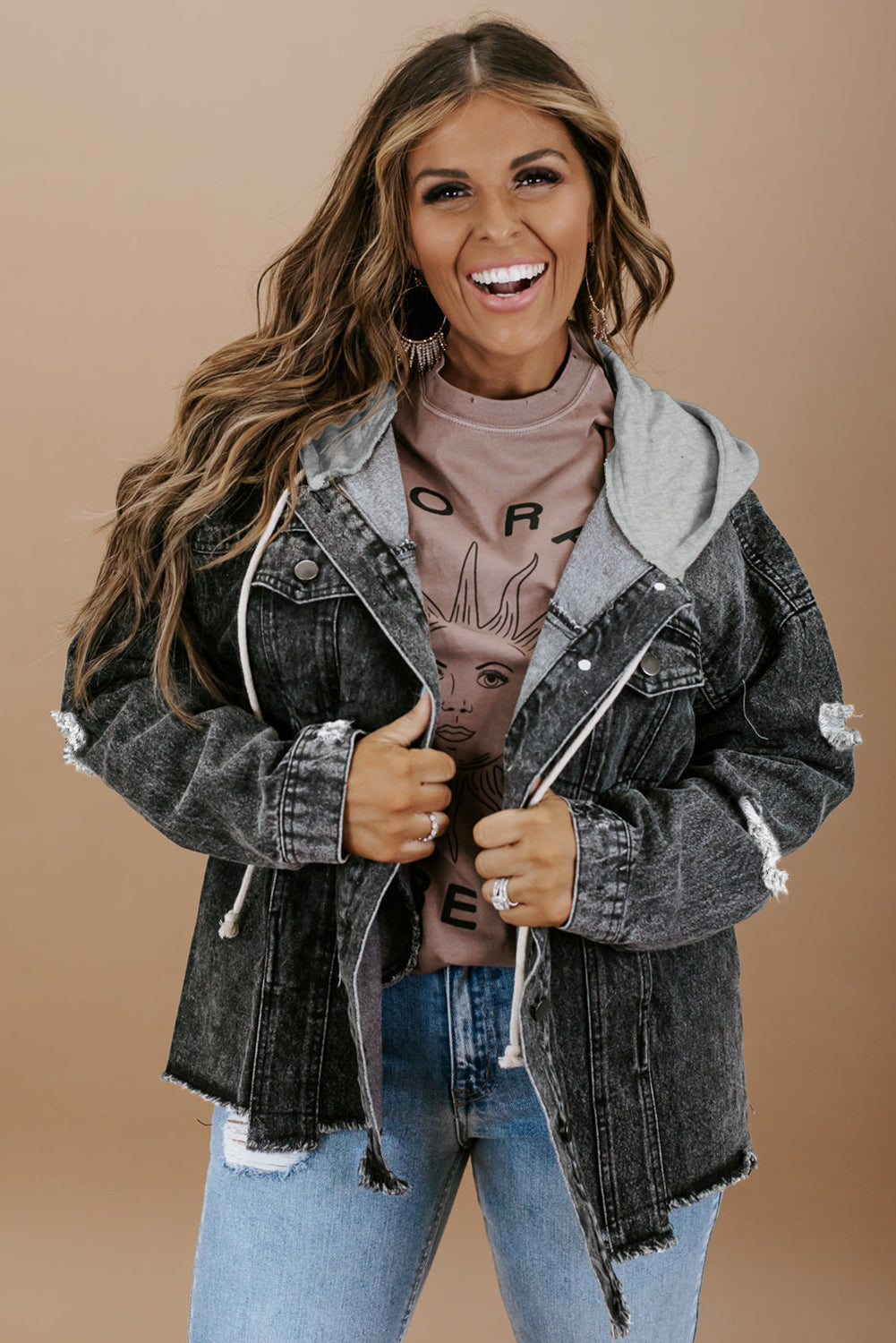 Black Drawstring Hooded Frayed Denim Jacket eAura