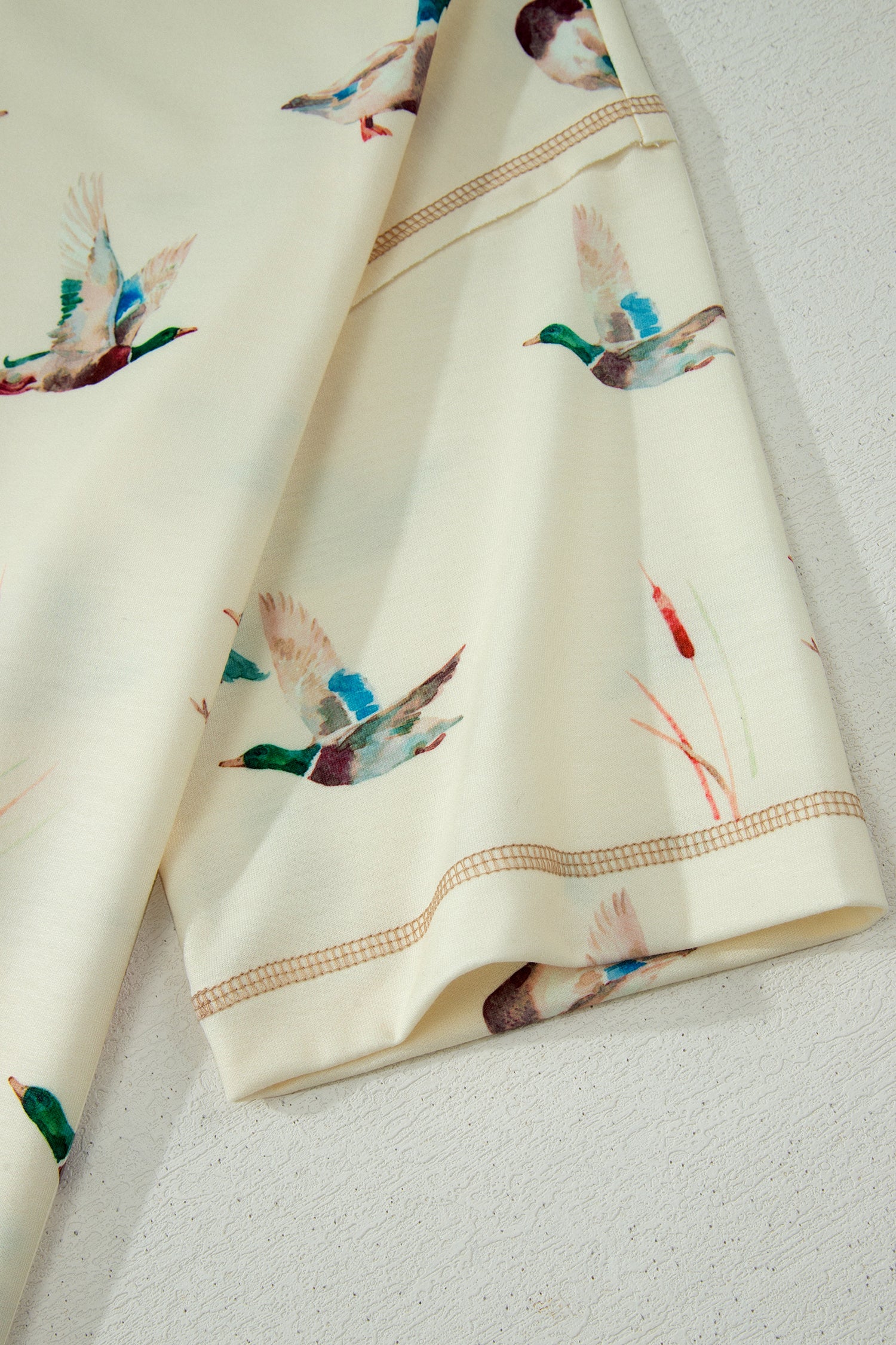 Mallard Duck Print Oversized Tee Drawstring Short Set – Beige