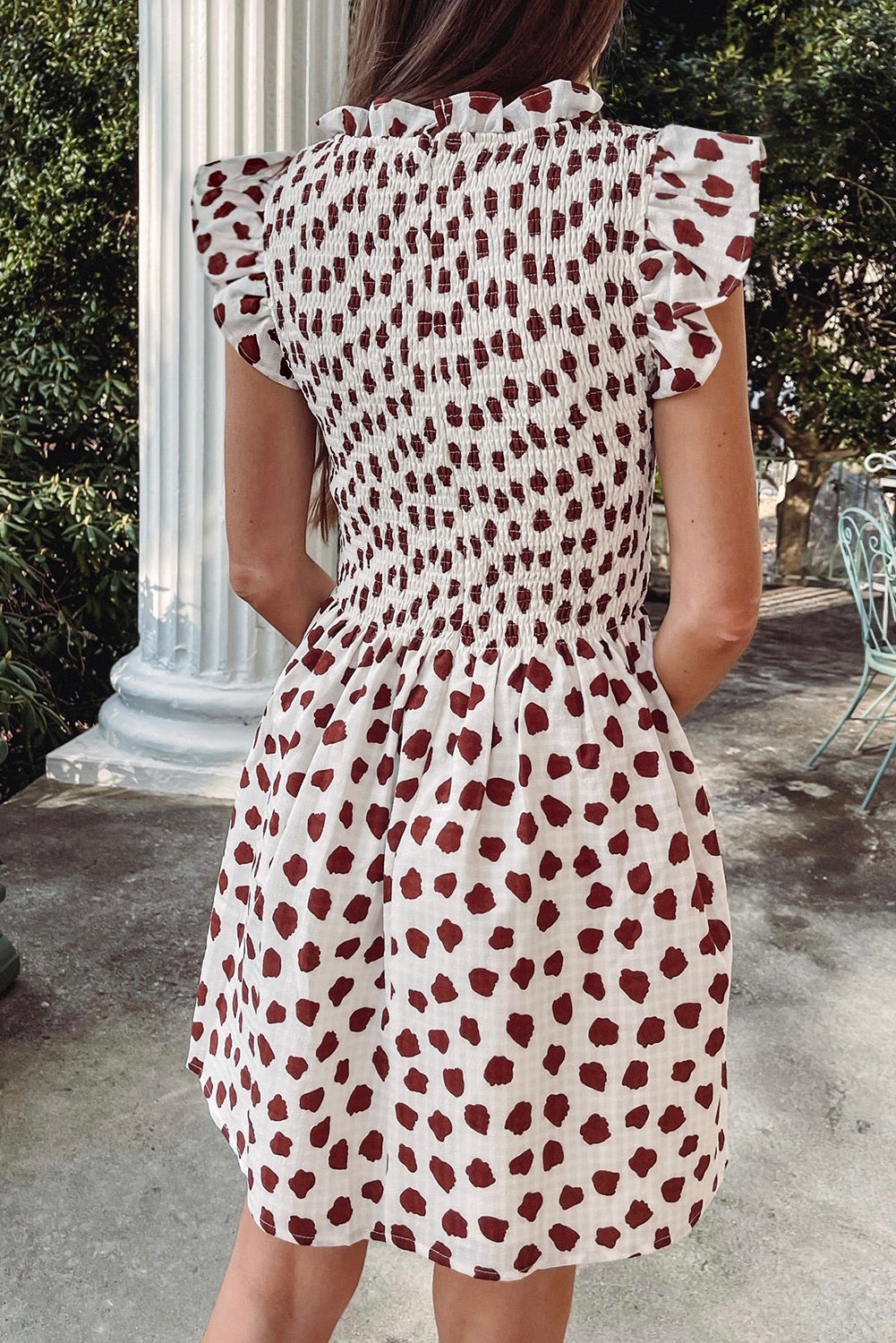 Brown Abstract Printed Flutter Sleeve Smocked Bodice Short Dress eAura