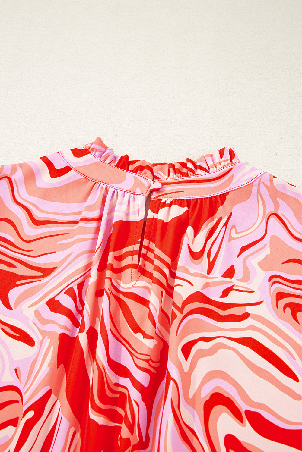Red Abstract Print Ruffled Short Sleeve Mock Neck Blouse eAura