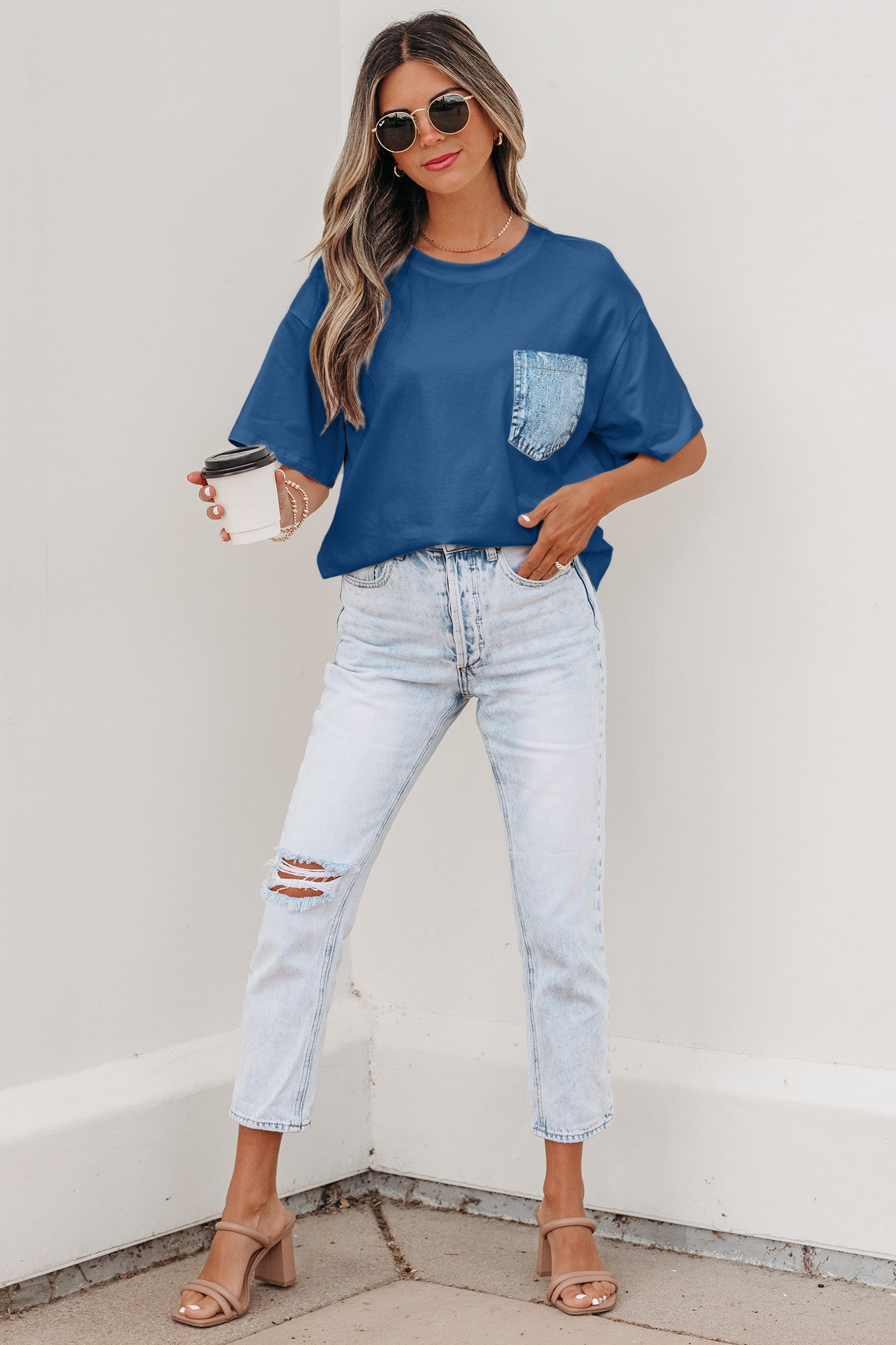 Colour Block Chest Pocket Patched Casual Short Sleeve Top