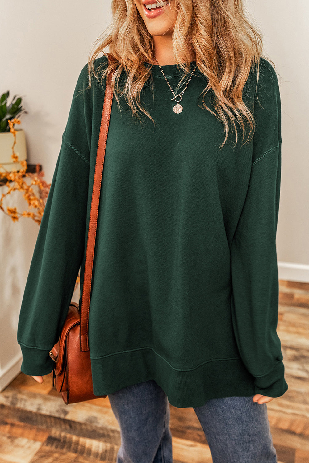Duffel Green Oversized Drop Shoulder Split Hem Sweatshirt eAura