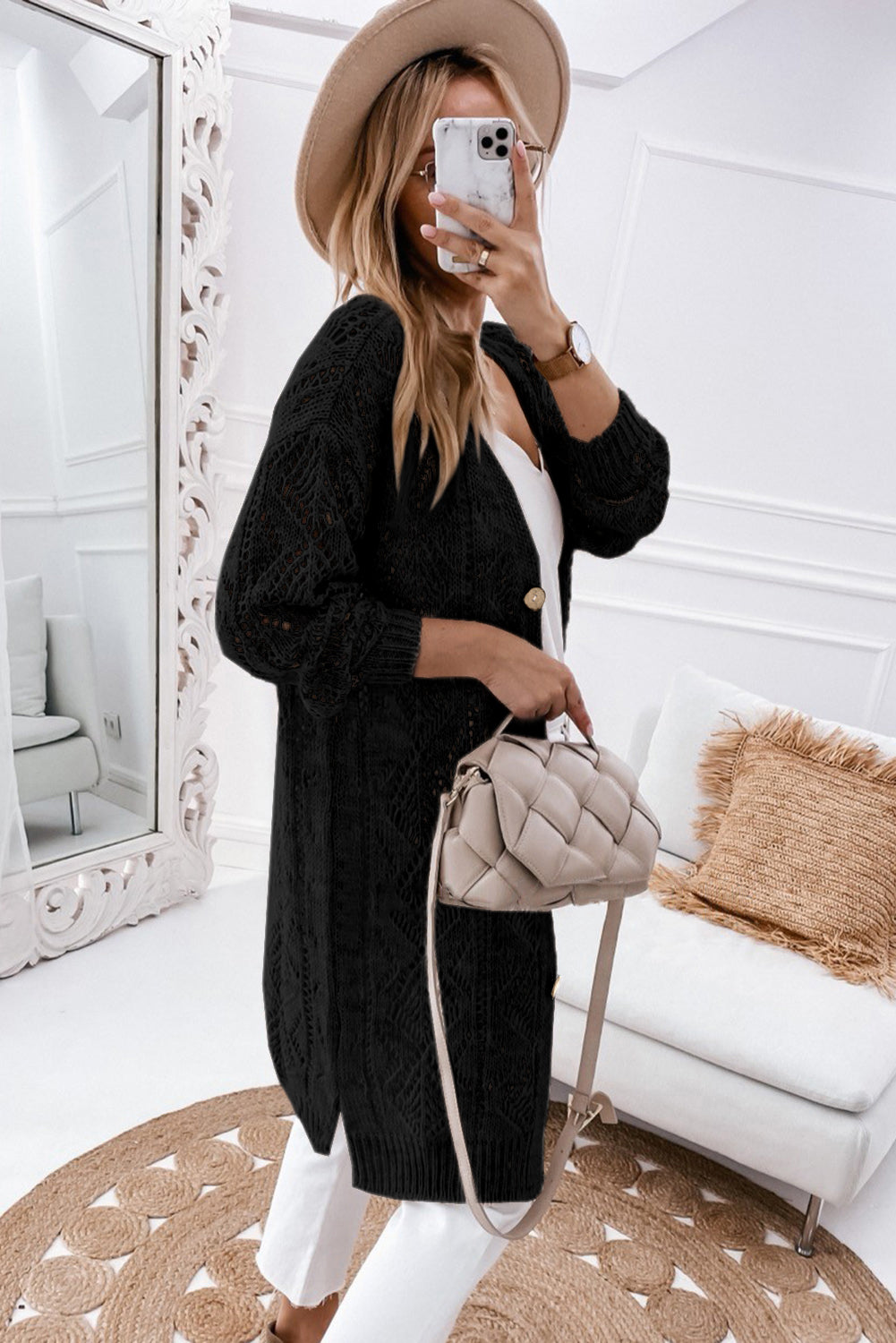 Black Hollow-out Openwork Knit Cardigan eAura