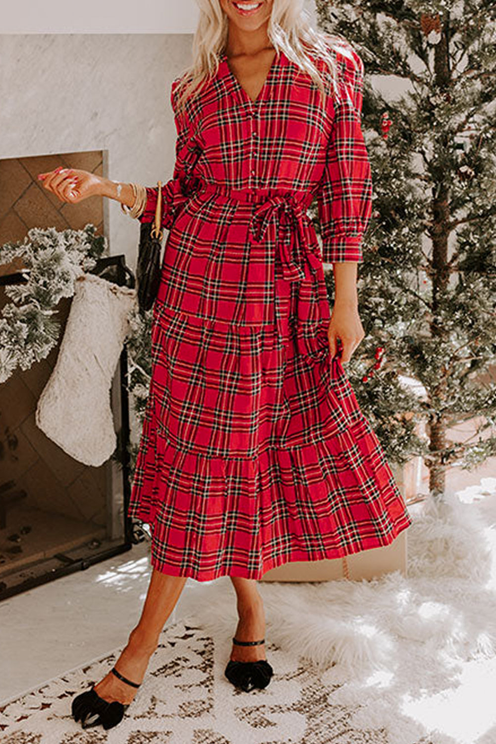 Christmas Plaid Print V-Neck 3/4 Sleeve Tie Waist Long Dress - eAura