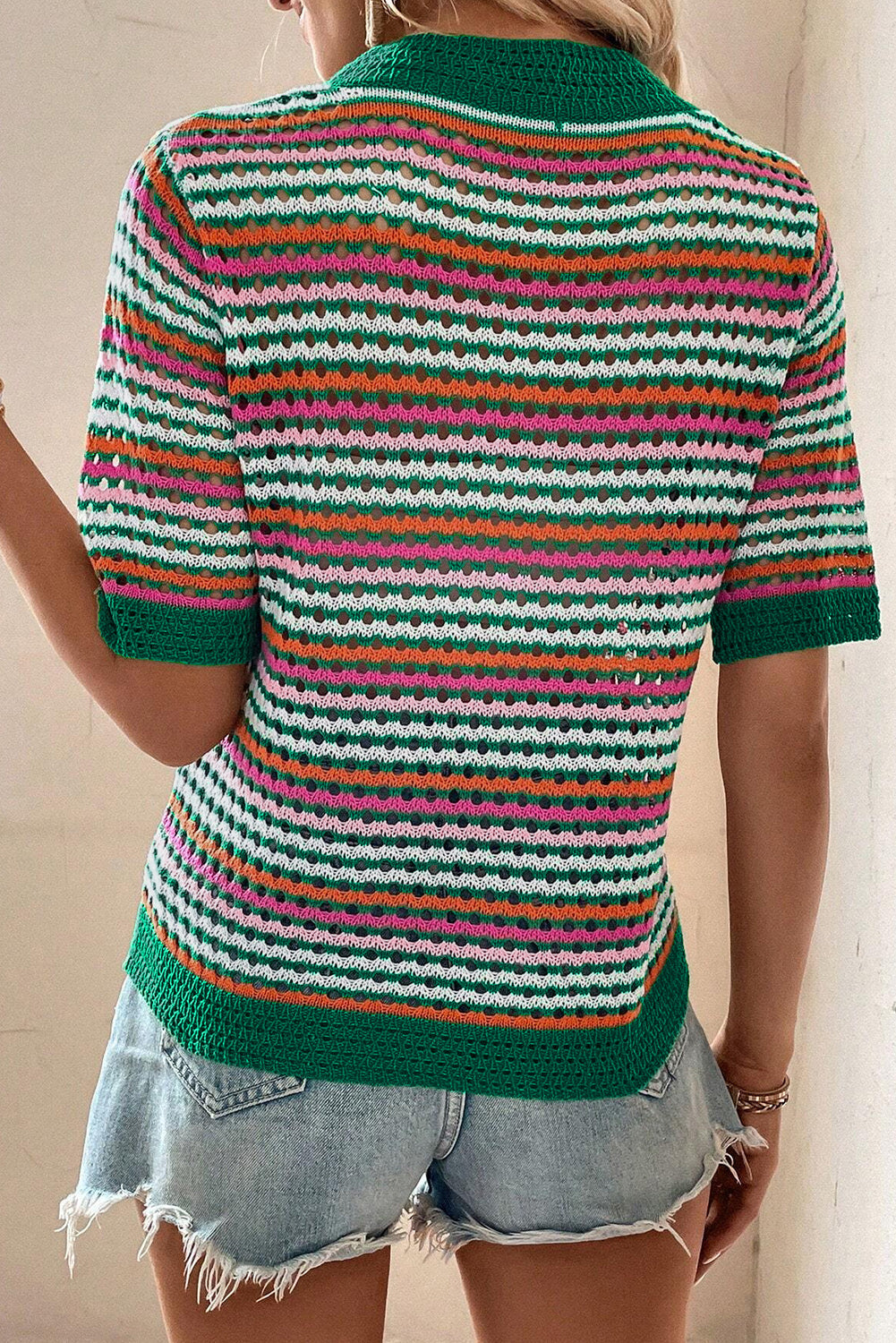 Dark Green Striped Pattern Contrast Trim Pointelle Knit T Shirt eAura