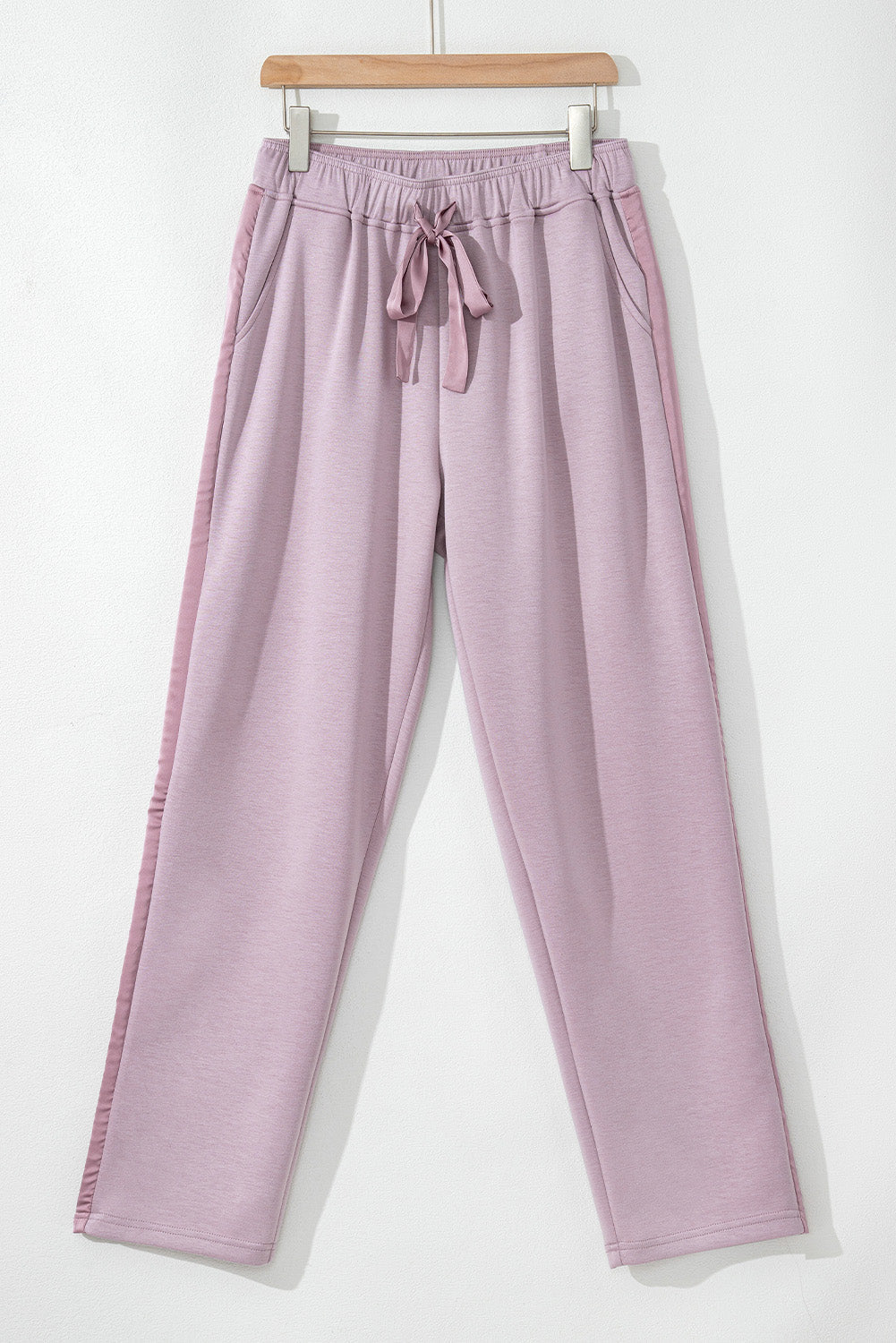 Orchid Petal Drawstring Waist Satin Stripe Patch Straight Leg High Waist Trousers eAura
