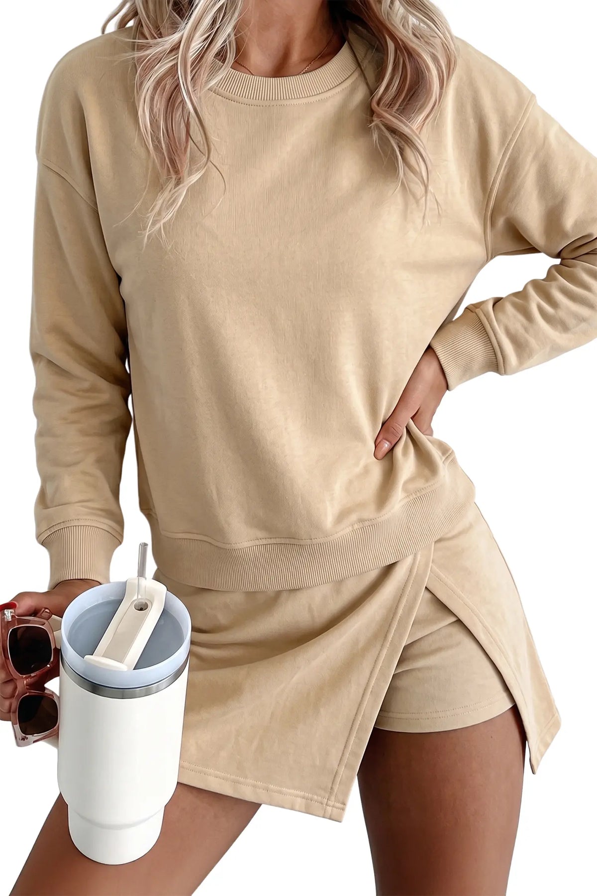 Solid Colour Long Sleeve Top Split Skort 2pcs Outfit – Parchment